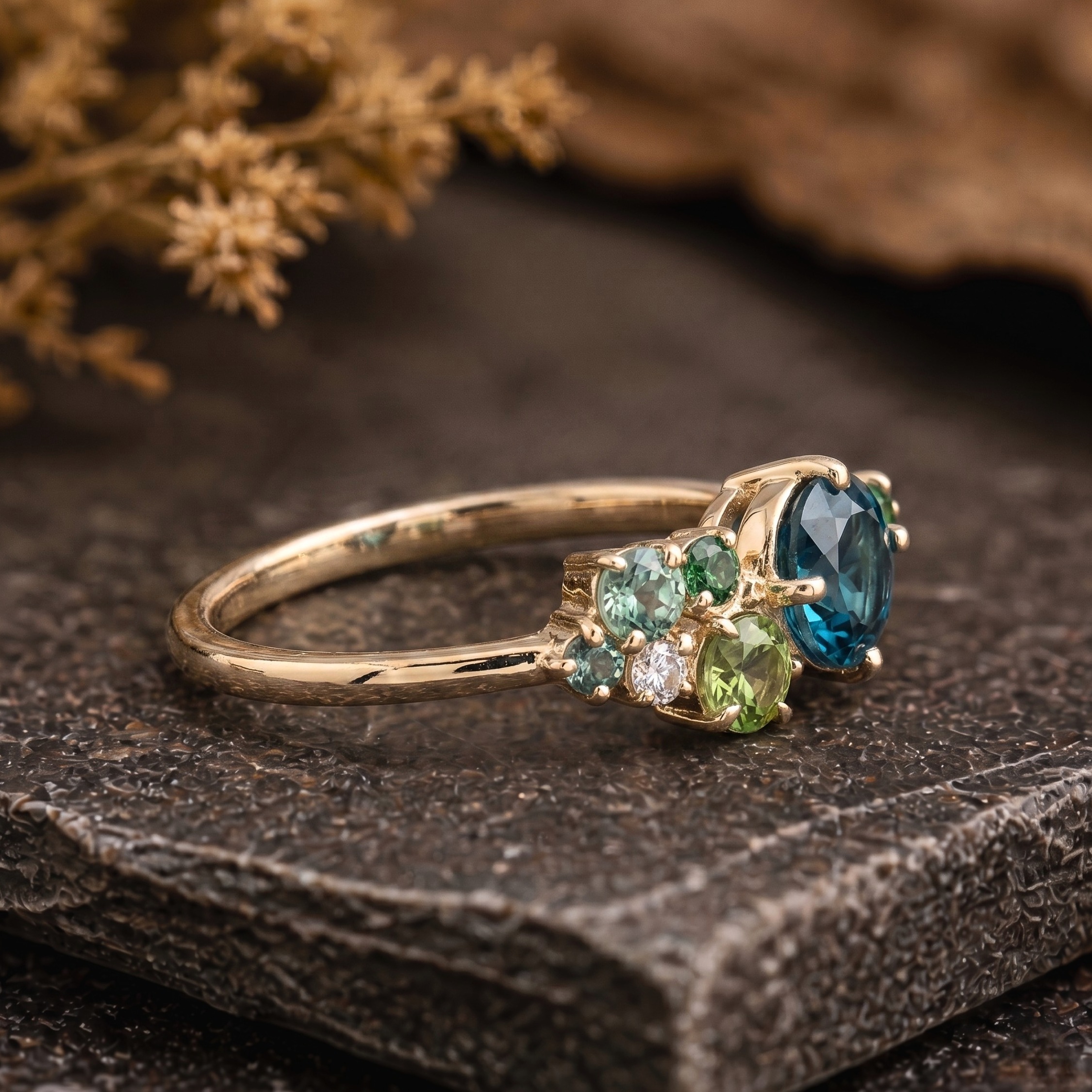 Blue Topaz Sapphire & Diamond Cluster Ring her, Multi-Cluster Sapphire Engagement Ring, Mixed Stone Cluster Ring, Teal Sapphire Bridal Ring