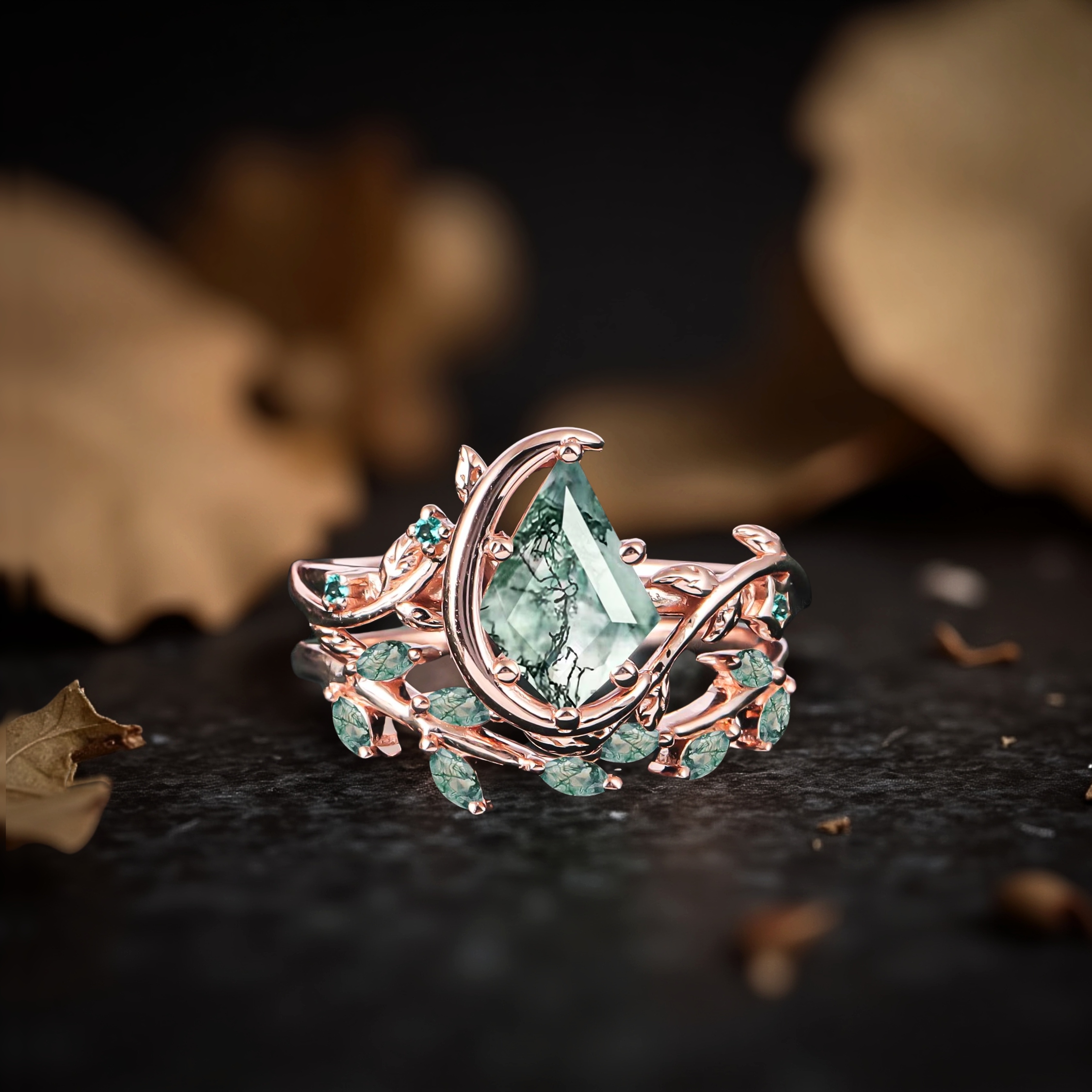 Vintage Kite Moss Agate Engagement Ring Set 14k Solid Gold Leaf Women Moon Green Gemstone Ring Bridal Set Promise Ring Anniversary Gift