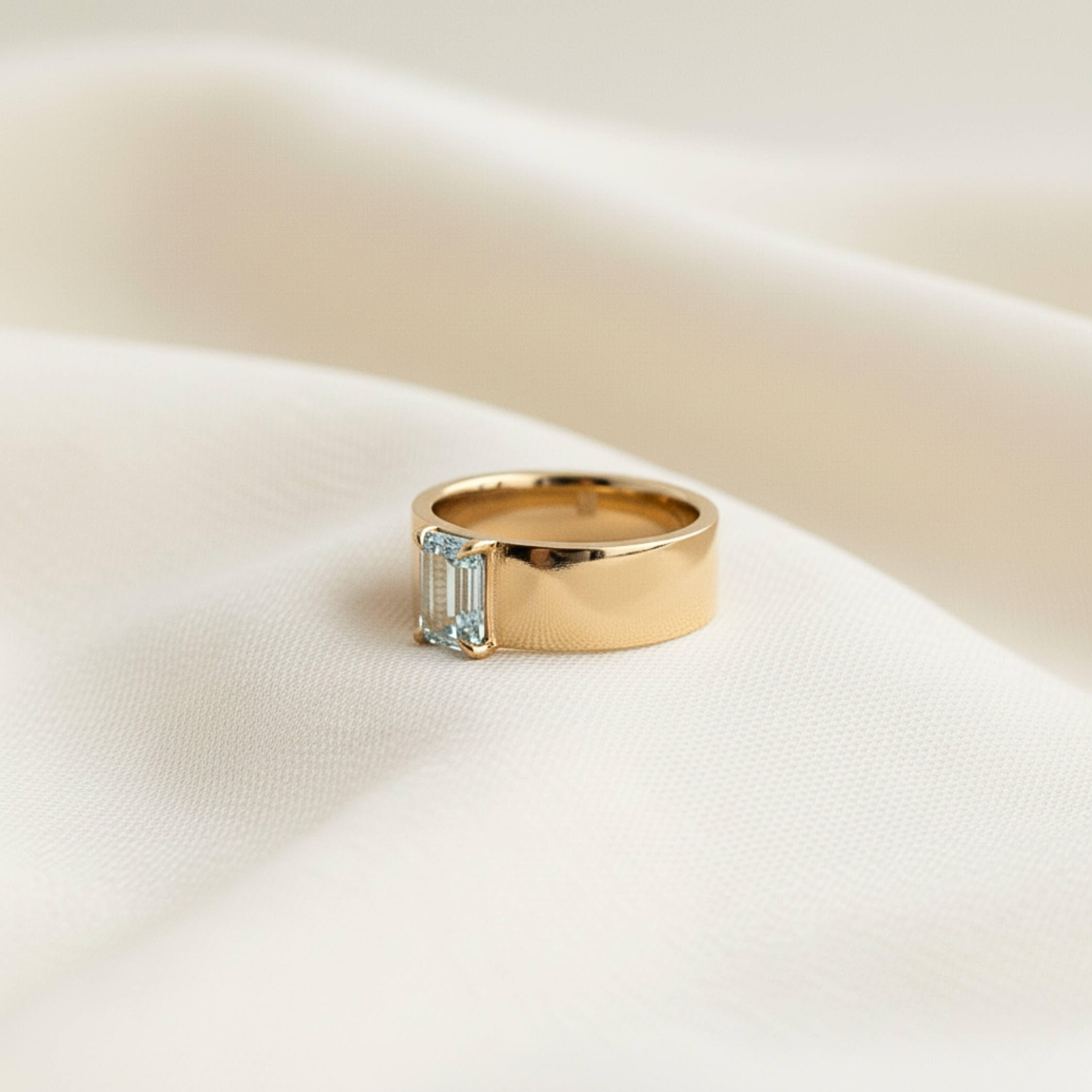 Emerald Cut Aquamarine Gemstone Ring, Vintage 14k Solid Gold Solitaire Thick Wide Band Engagement Ring, Gift March Birthstone Gift For Her