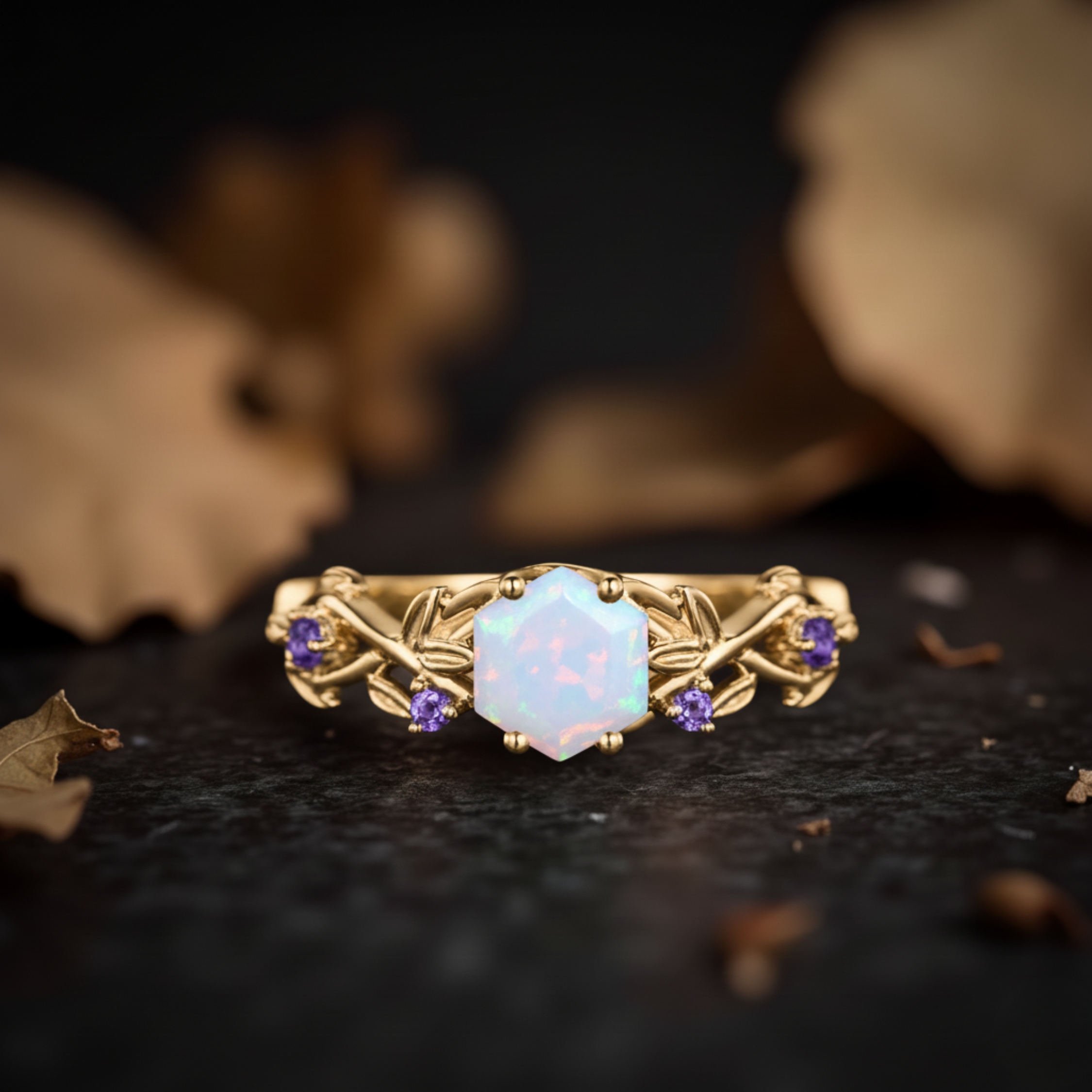 Vintage Hexagon Cut Twig Opal Engagement Ring, White Opal Gold Leaf Amethyst Ring, October Birthstone Ring, Anniversary Gift For Women