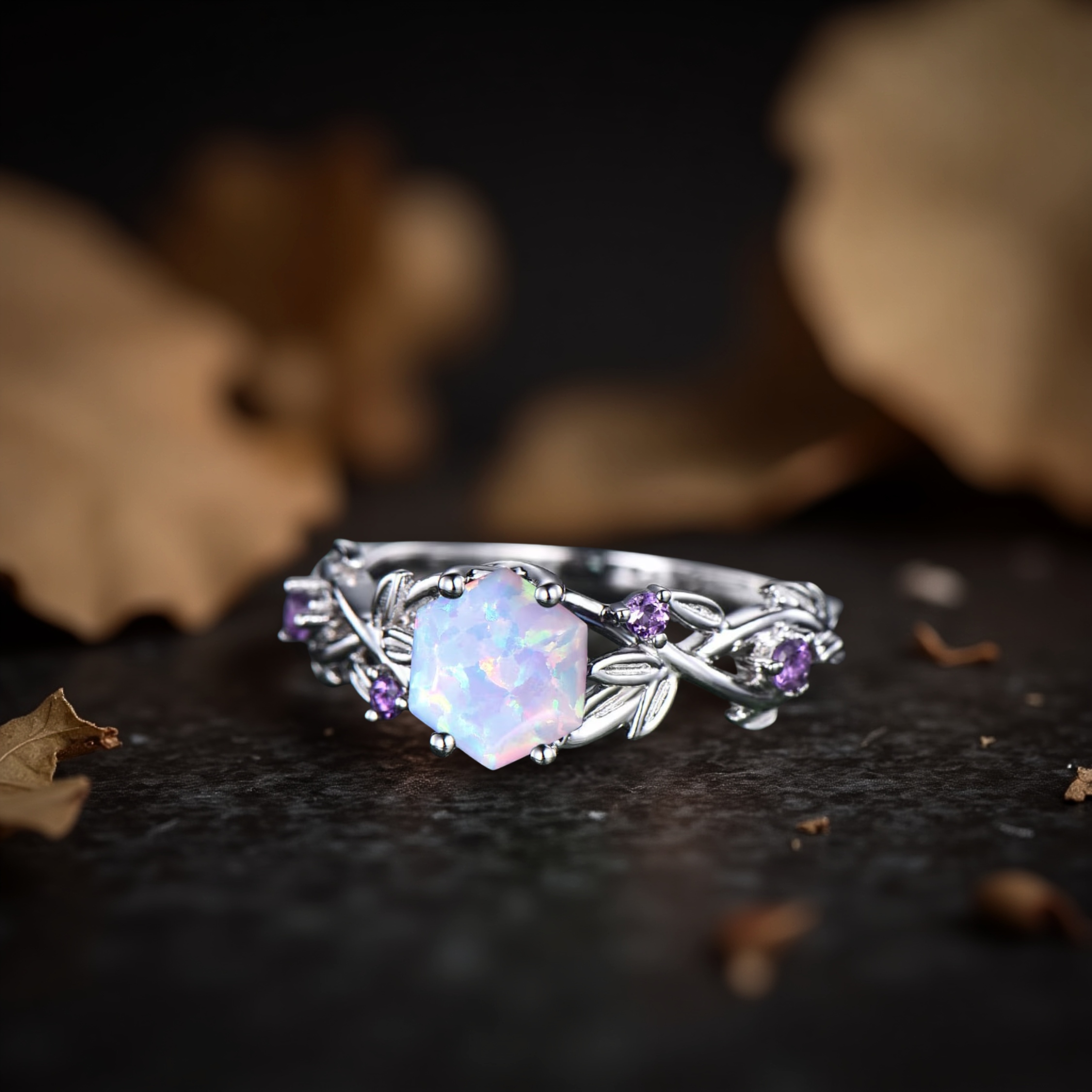 Vintage Hexagon Cut Twig Opal Engagement Ring, White Opal Gold Leaf Amethyst Ring, October Birthstone Ring, Anniversary Gift For Women
