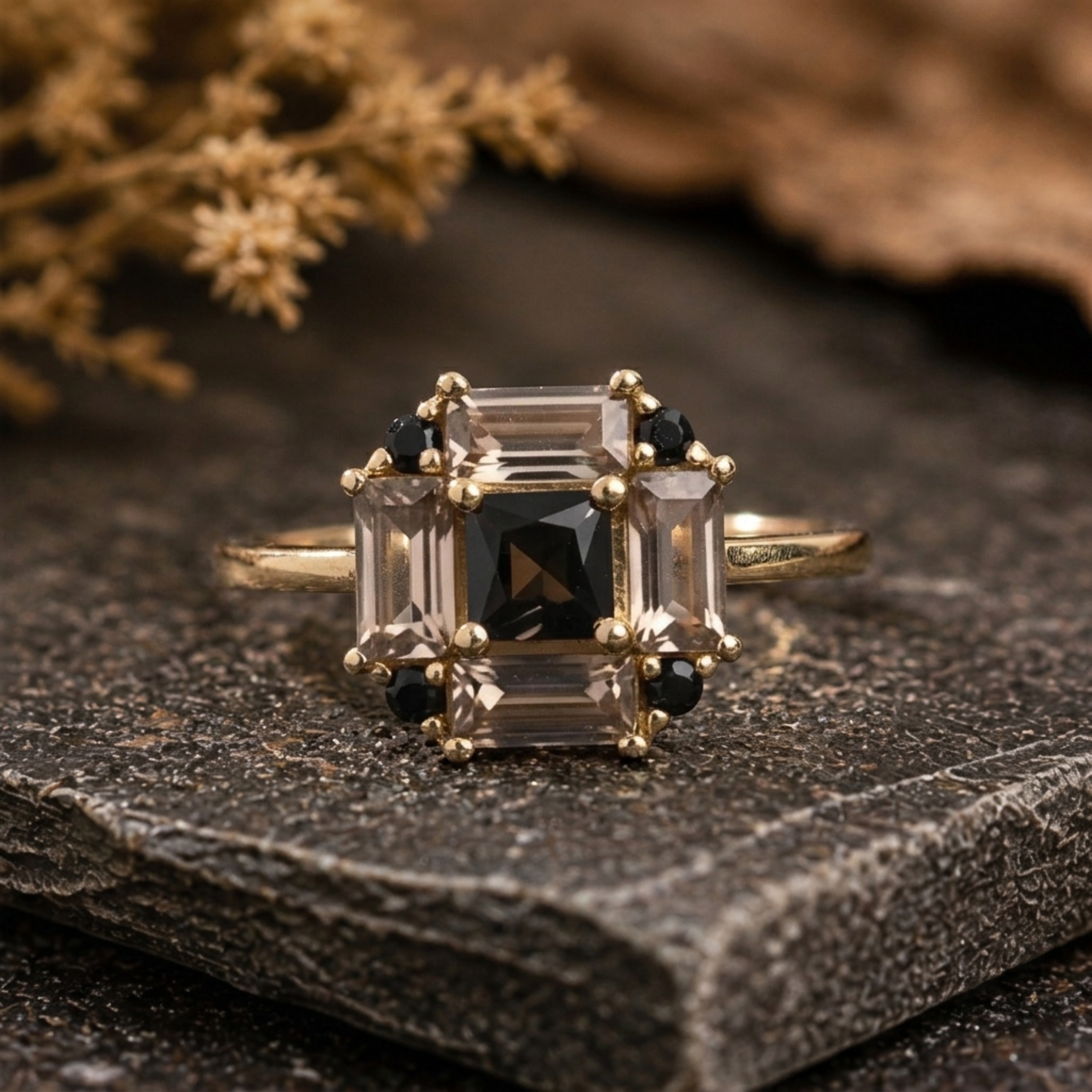 Natural Black Onyx & Smokey Quartz Engagement Ring/Art Deco Minimalist Onyx-Quartz Gemstone Jewelry/Black-Gemstone Anniversary Gift For Her