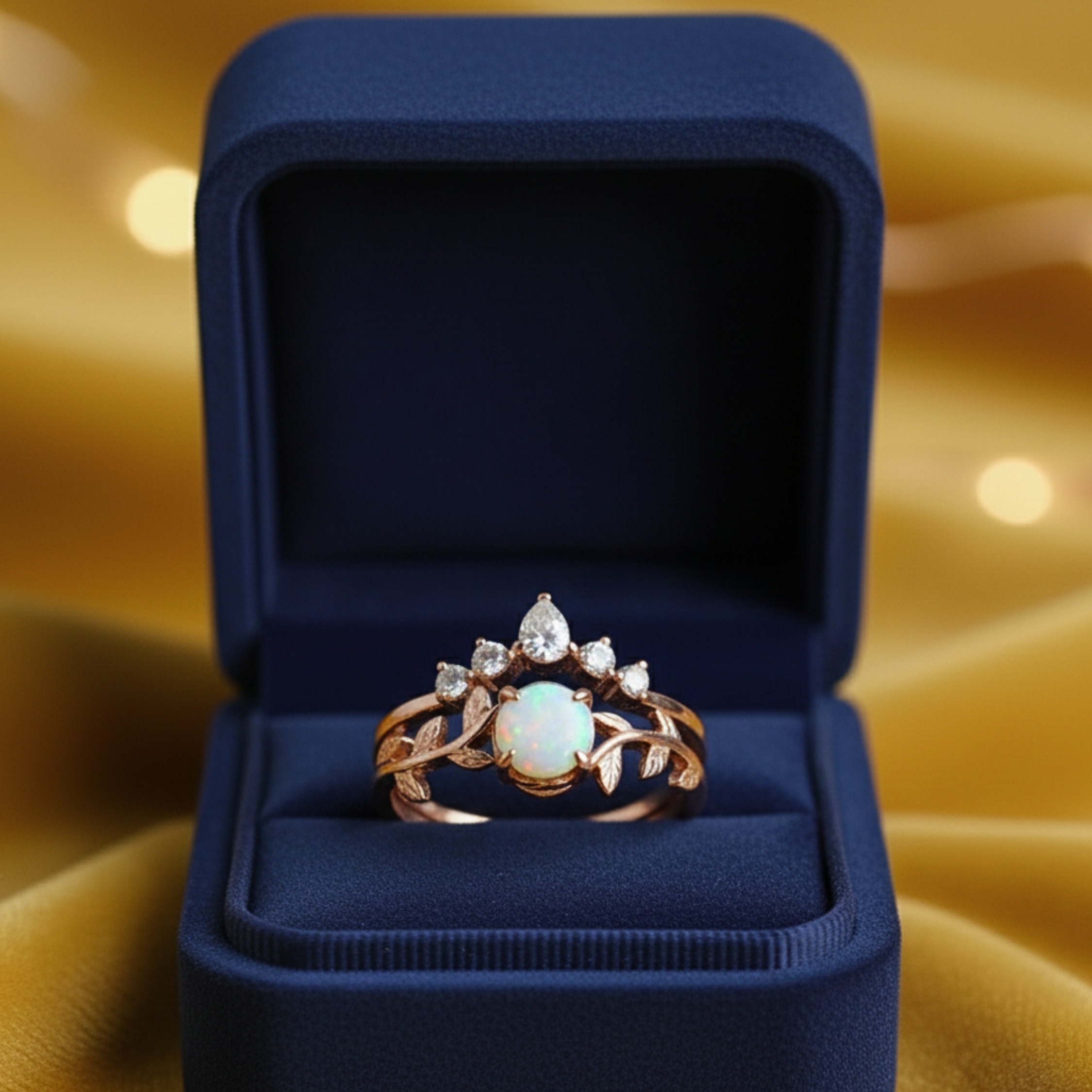 Vintage Opal Engagement Ring, 14K Rose Gold Round Opal Wedding Ring Set, Unique White Opal Promise Ring October Birthstone Ring Gift For Her