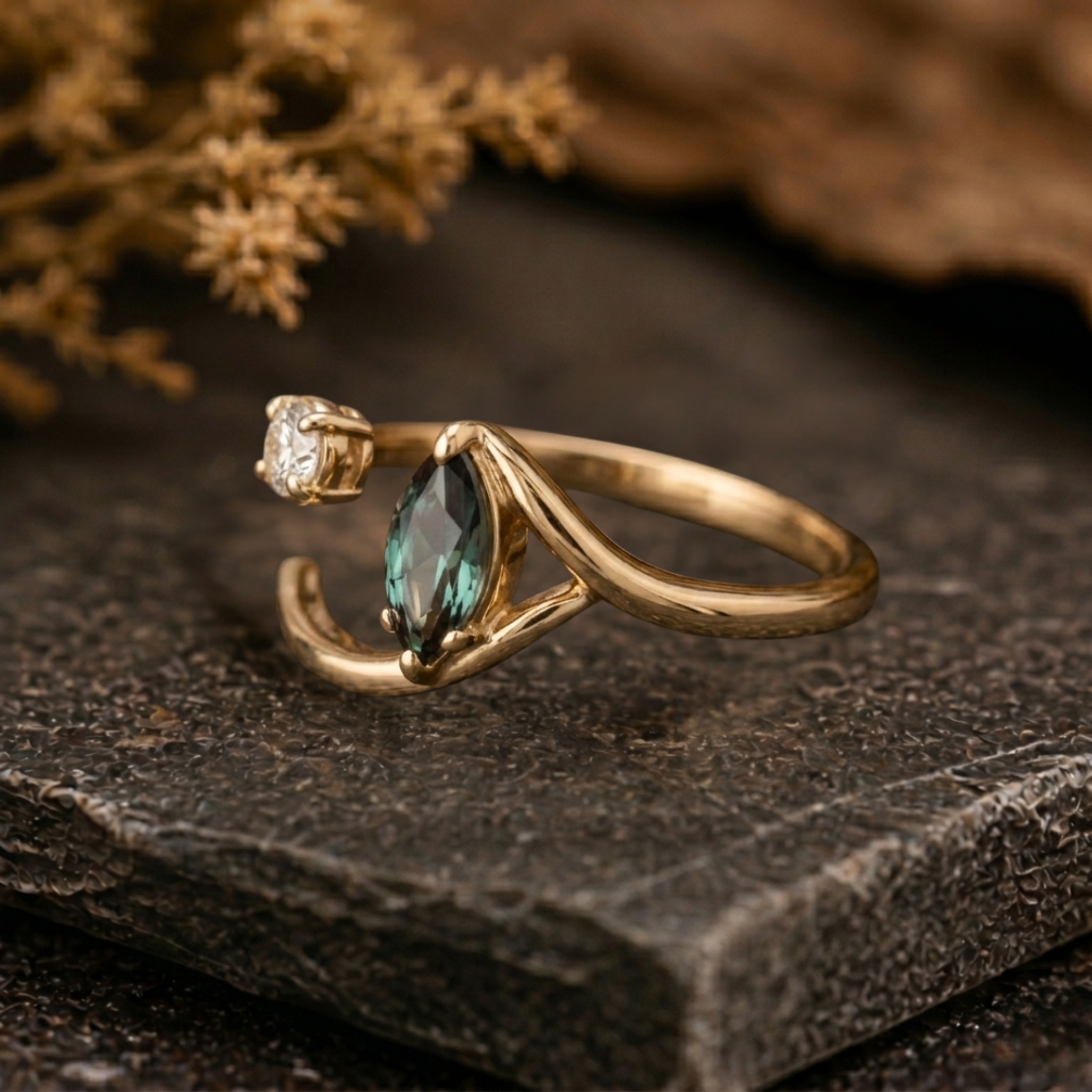 Unique Toi Et Moi Custom Two Stone Ring, Teal Sapphire Moissanite Curve Band, Dual Birthstone Minimalist Ring, Anniversary Birthday Gift