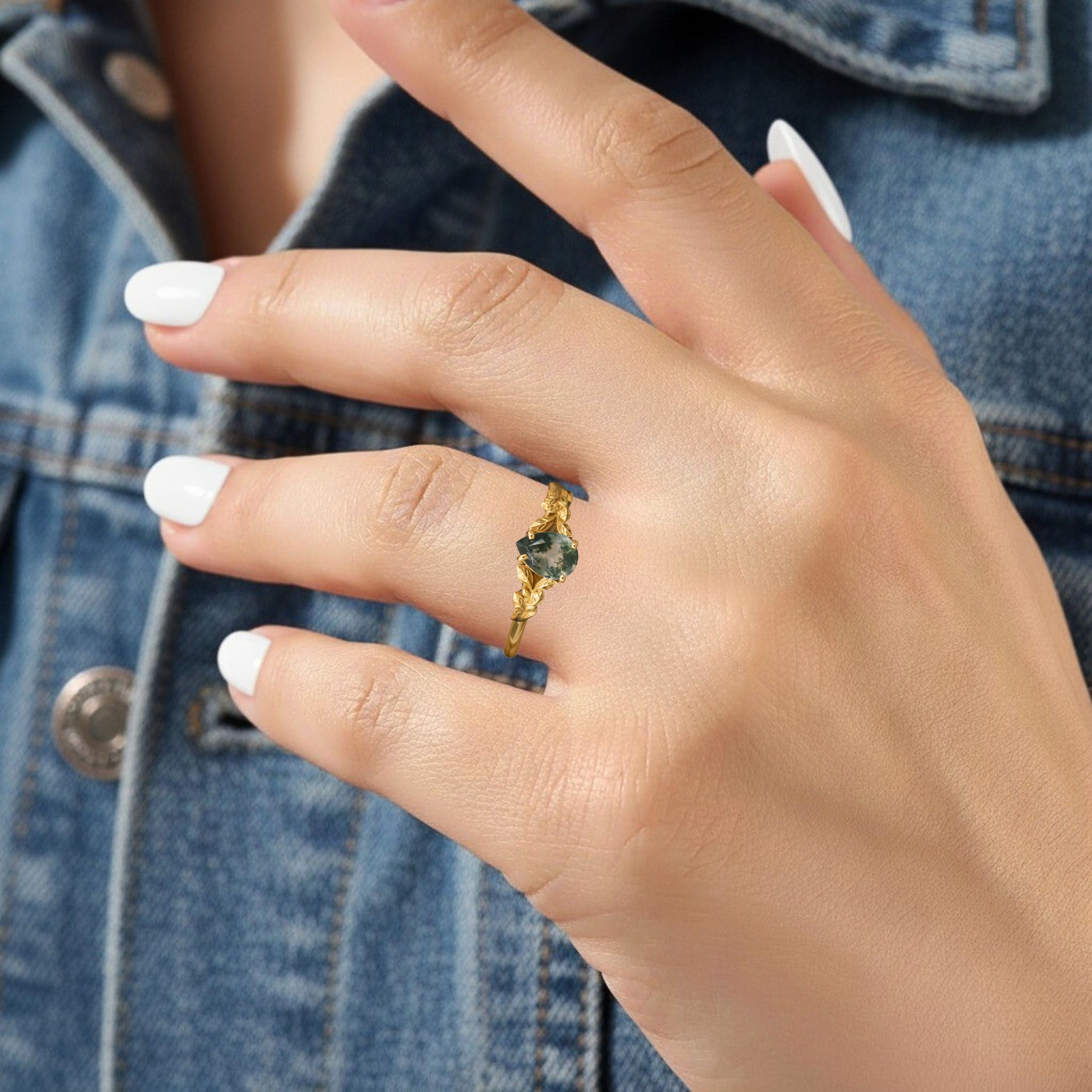 Vintage Drop Moss Agate Engagement Ring, Art deco Leaf Promise Ring, 14k Gold Branches Nature Inspired Ring, Anniversary Gift