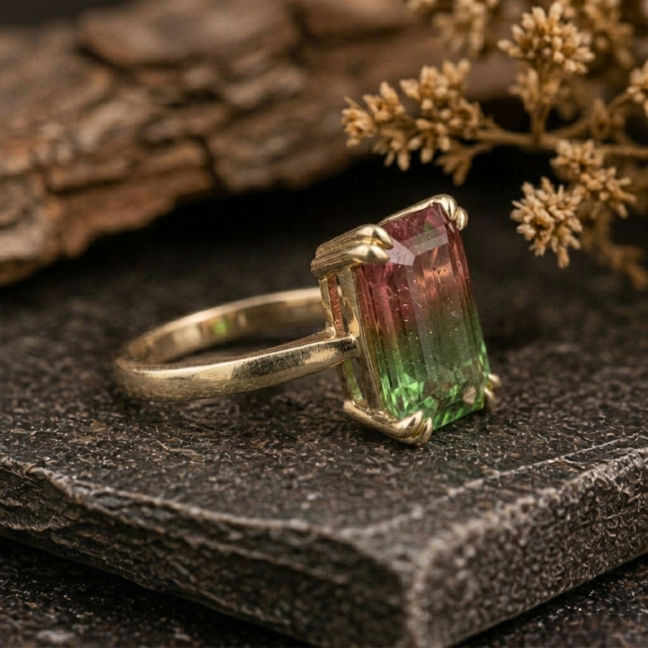 Emerald Cut Watermelon Tourmaline Ring, Bi-Color Pink/Green Engagement Ring, Art Deco Minimalist Wedding Ring Anniversary Birthday Gift Ring