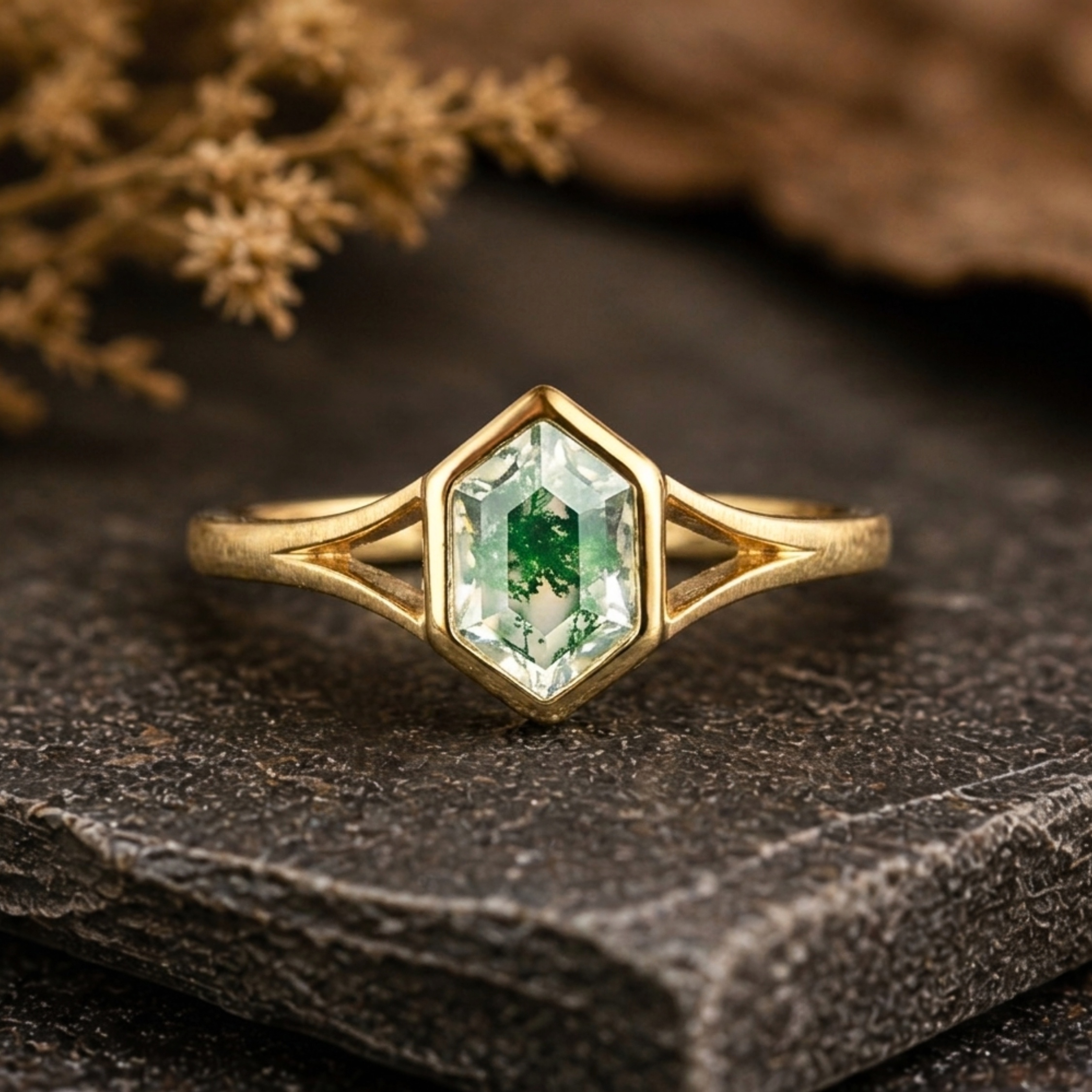 Vintage Art Deco Bezel Setting Moss Agate Ring, 14k Yellow Gold Promise Ring, Hexagon Cut Green Agate Engagement Ring, Promise Bridal Gift
