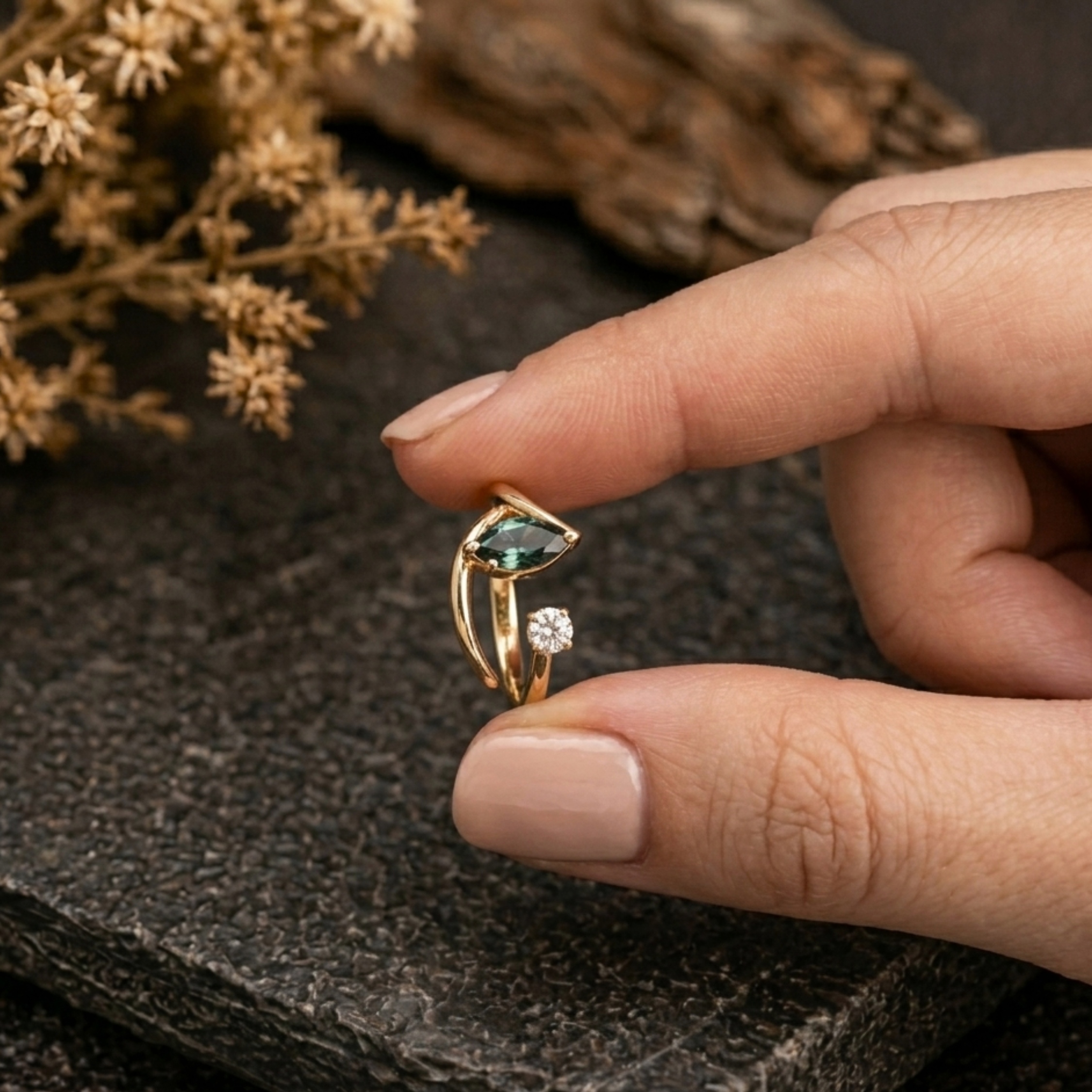 Unique Toi Et Moi Custom Two Stone Ring, Teal Sapphire Moissanite Curve Band, Dual Birthstone Minimalist Ring, Anniversary Birthday Gift