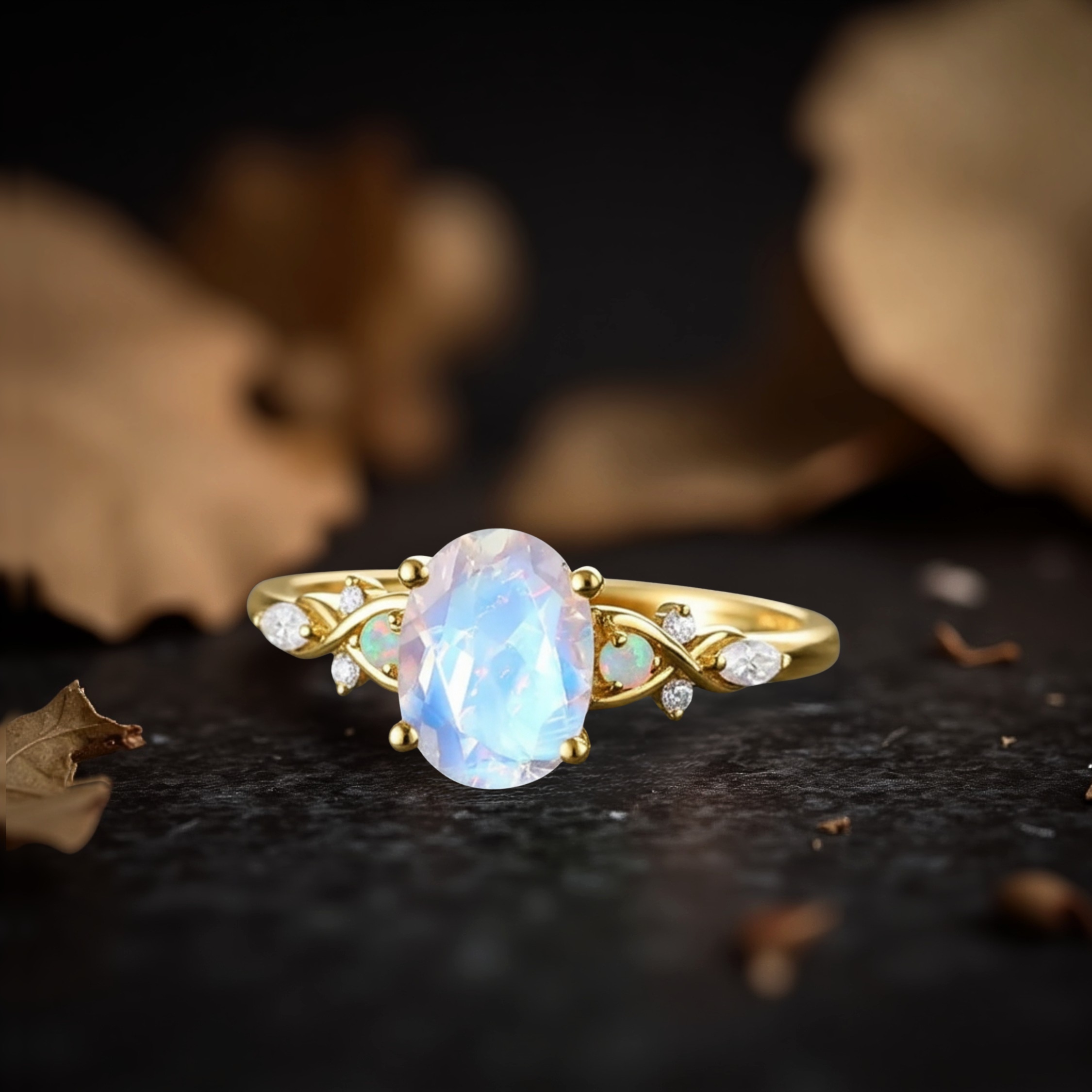 Moonstone Engagement Ring, 14K Yellow Gold Wedding Ring, Vintage Bridal Jewelry, Promise Bridal Jewelry, Anniversary Gift For Women