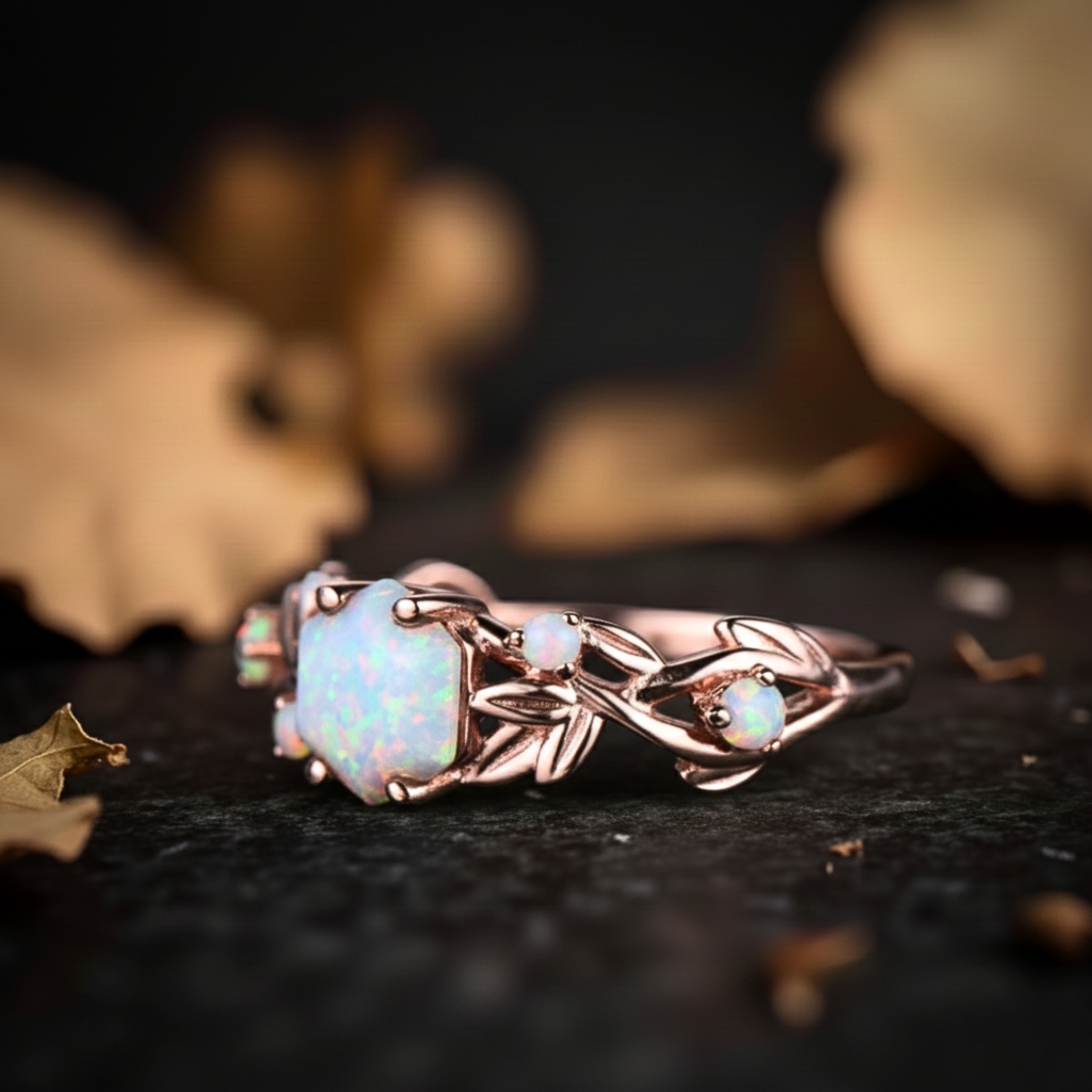 Vintage Hexagon Cut Twig Opal Engagement Ring, White Opal Gold Leaf Ring, October Birthstone Ring, Promise Ring, Anniversary Gift For Women