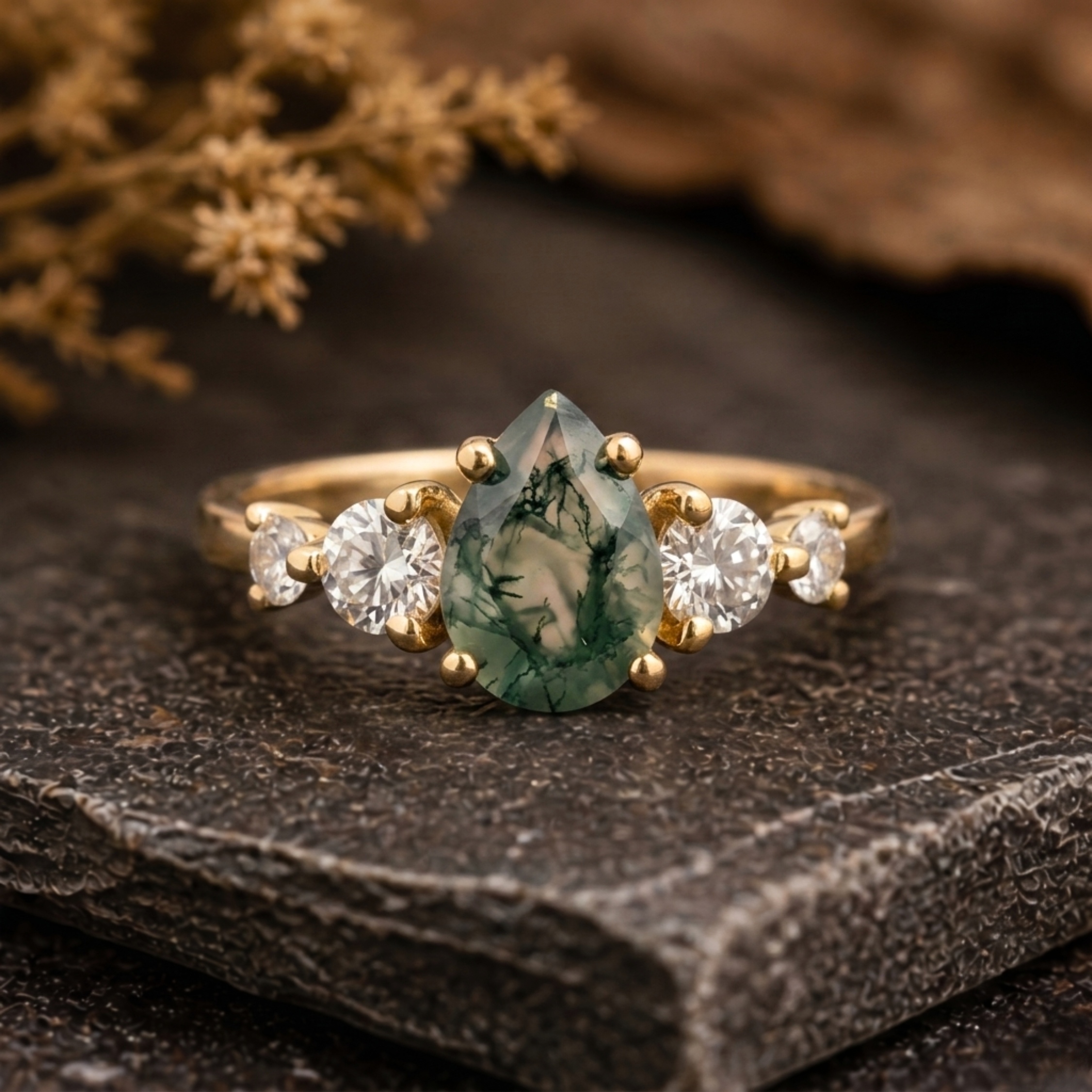 Vintage Pear Cut Moss Agate Engagement Ring, 14k Gold Moissanite Promise Wedding Bridal Jewelry, Agate Anniversary Birthday Gifts for Her