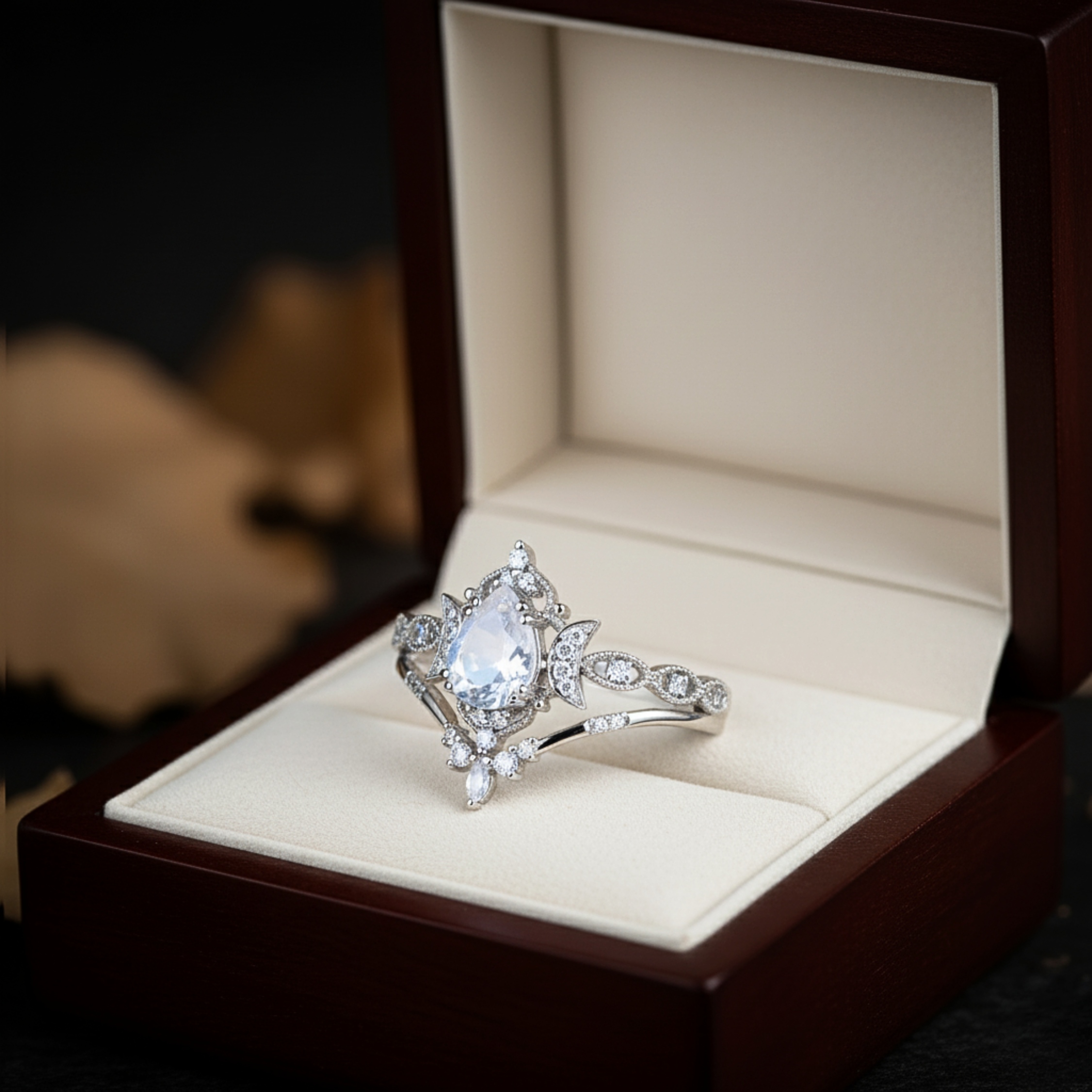 Vintage Vine Half Moon Pear Cut Moonstone Engagement Ring Unique Sterling Silver Floral Cluster Bridal Wedding Ring Set Promise Gift For Her