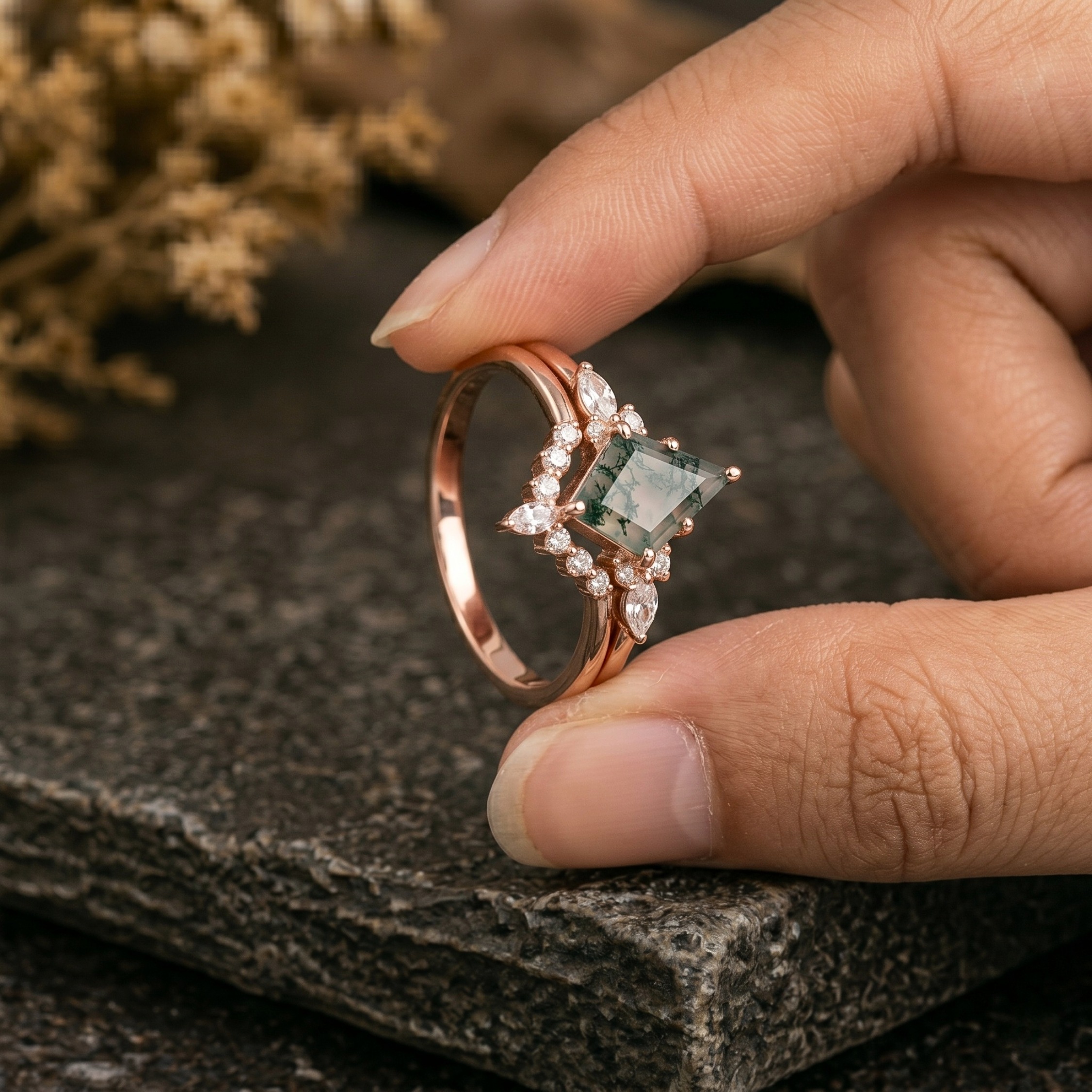 Unique Vintage Kite Cut Green Moss Agate Engagement Ring Set, 14k Rose Gold Wedding Moissanite Ring For Women, Bridal Ring Set Gift For Her
