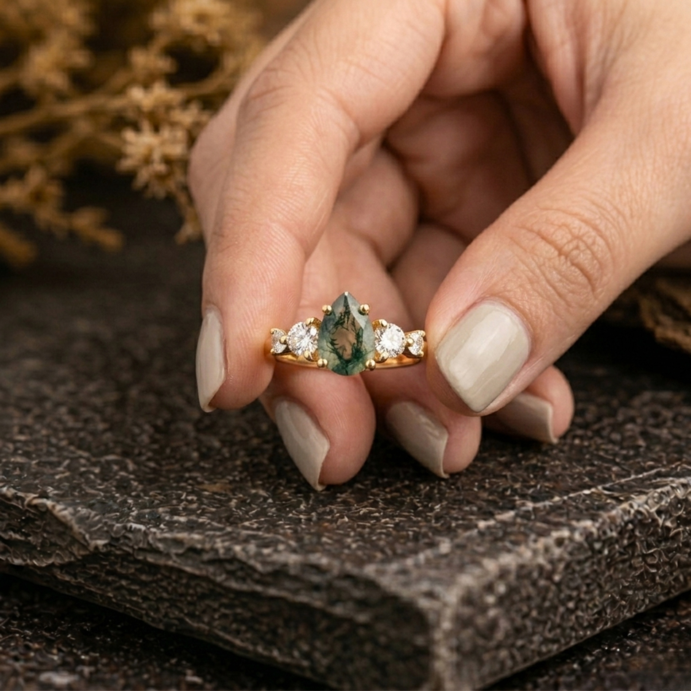 Vintage Pear Cut Moss Agate Engagement Ring, 14k Gold Moissanite Promise Wedding Bridal Jewelry, Agate Anniversary Birthday Gifts for Her