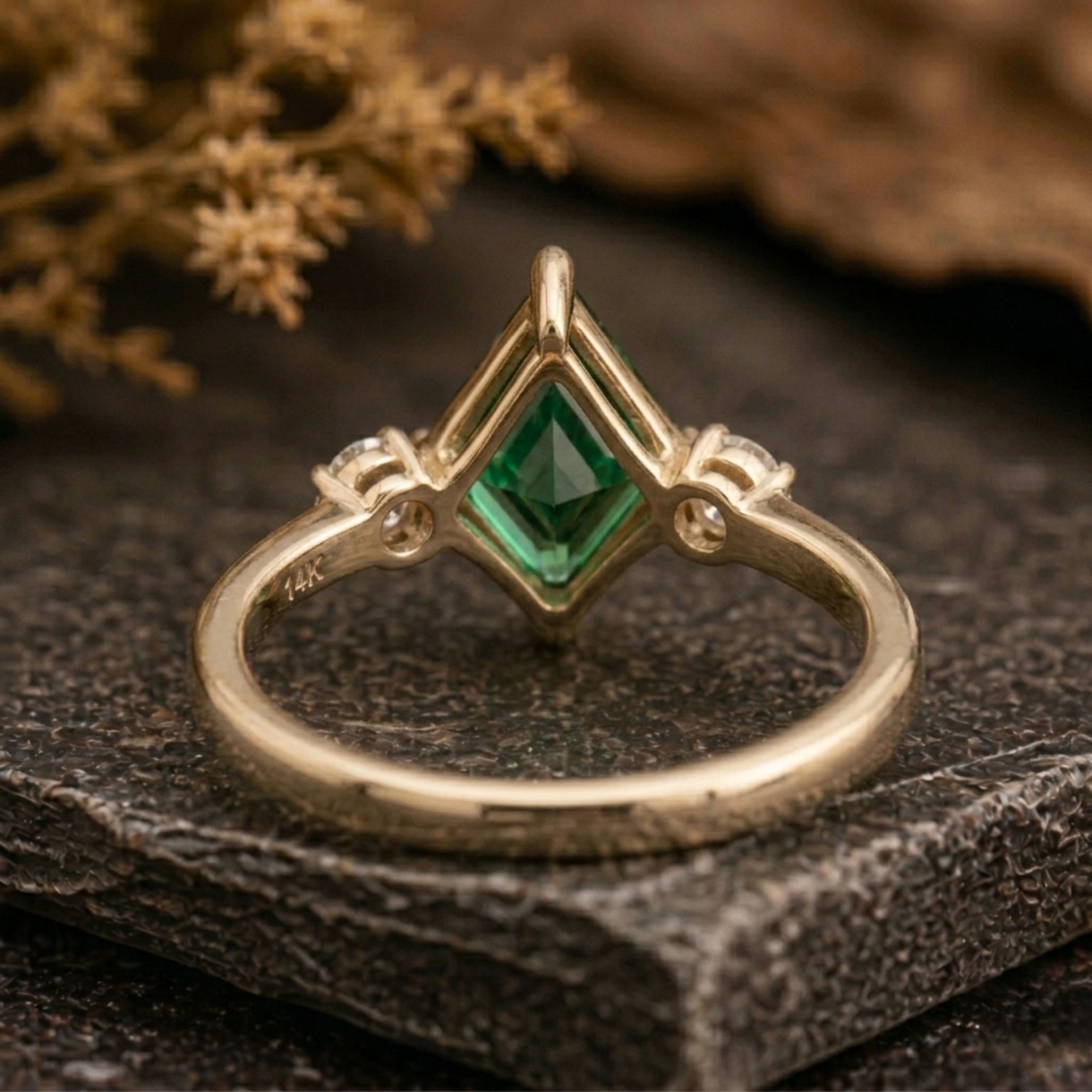 Unique Kite Cut Emerald Ring, 14k Gold Dainty Three Stone Engagement Ring, Moissanite Bridal Matching Jewelry Anniversary Birthday Gift Ring