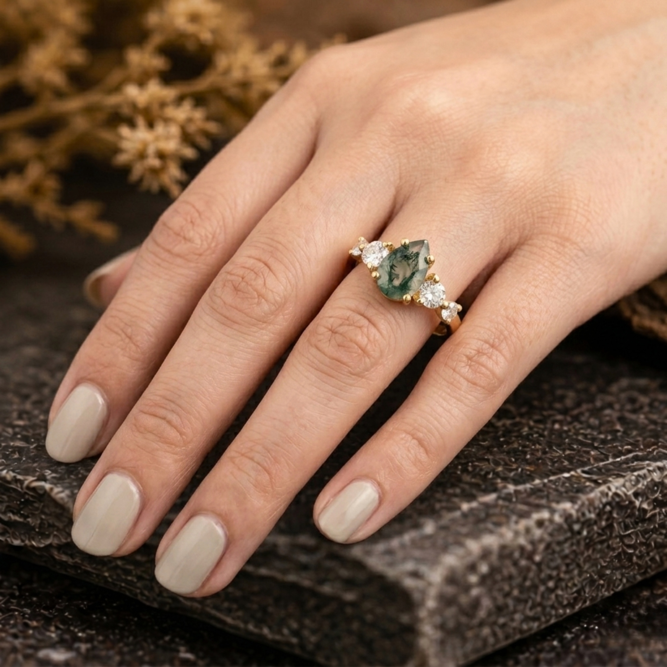Vintage Pear Cut Moss Agate Engagement Ring, 14k Gold Moissanite Promise Wedding Bridal Jewelry, Agate Anniversary Birthday Gifts for Her