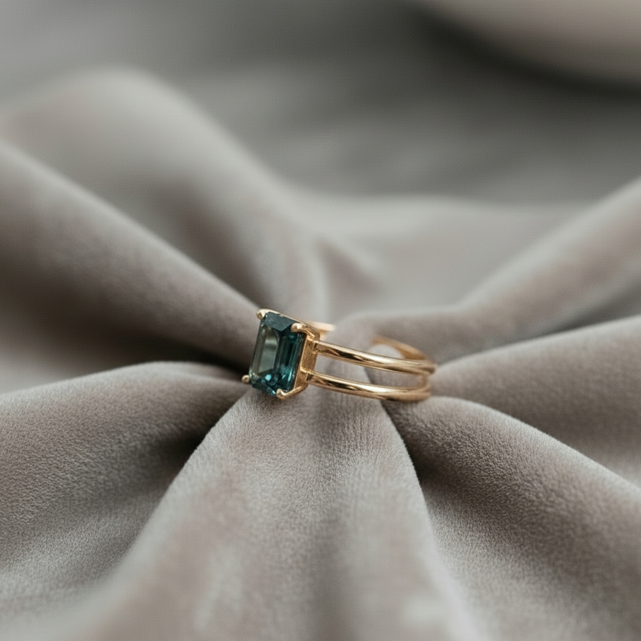 Unique Teal Sapphire Emerald Cut Engagement Ring, Vintage 14k Solid Gold Solitaire Double Band Bridal Wedding Ring, Art Deco Promise Ring