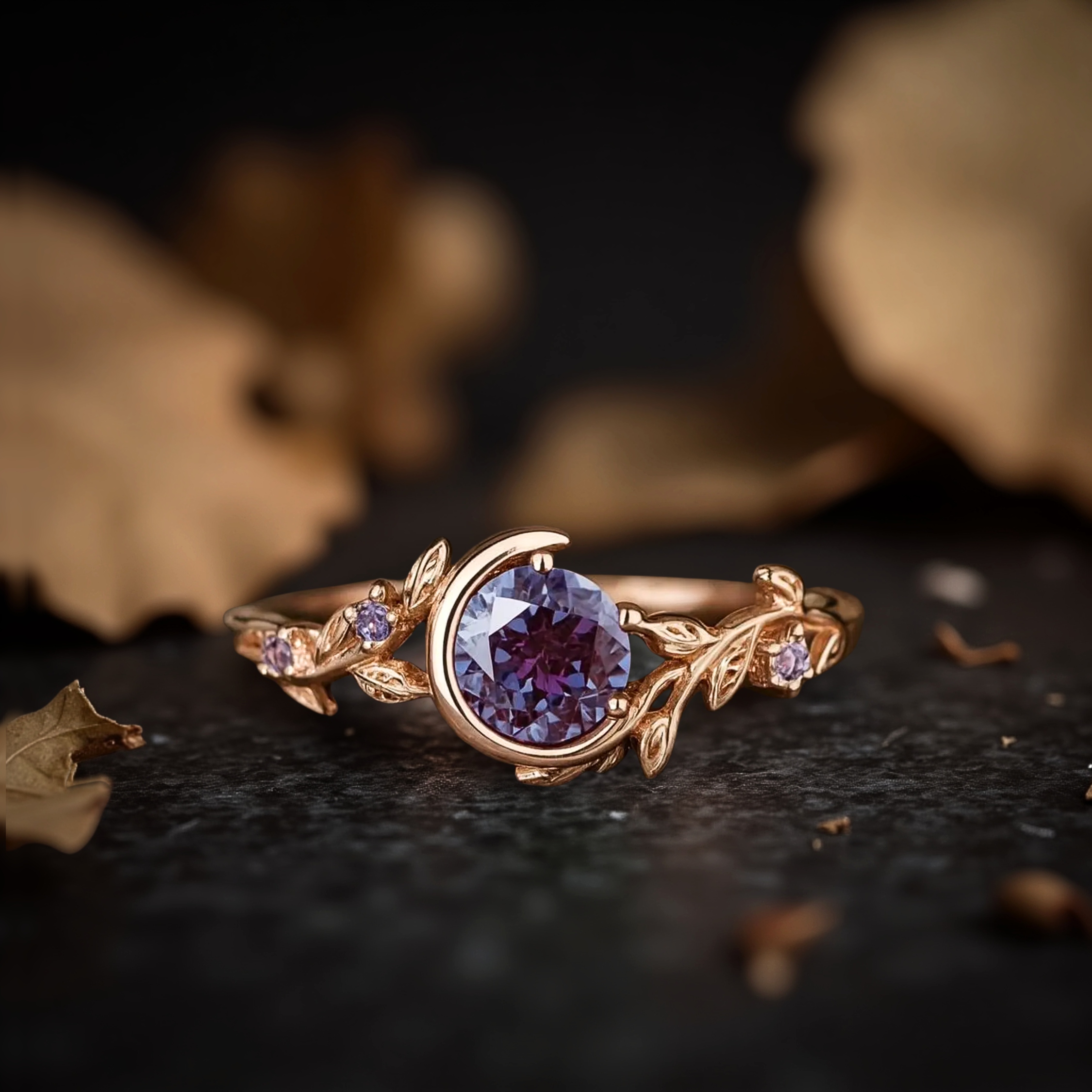 Unique Round Alexandrite Ring 14KRose Gold Twig Leaf Vine Crescent Moon Star Cluster Engagement Ring June Birthstone Purple Anniversary Gift