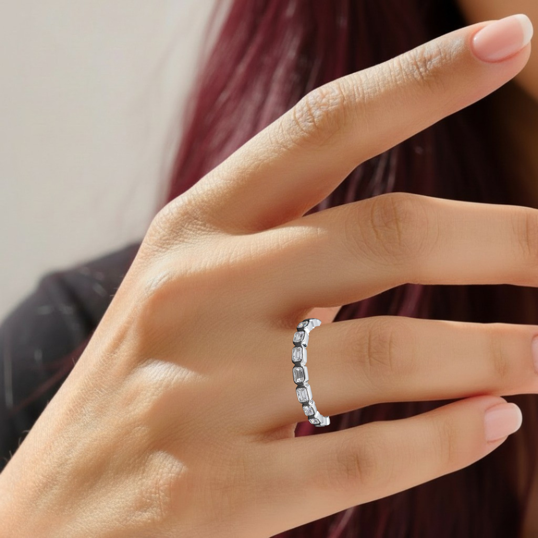 14k Solid Gold Moissanite Band Ring, East West Emerald Cut Moissanite Bezel Set Ring, Half Eternity Wedding Band, Stacking Minimalist Ring
