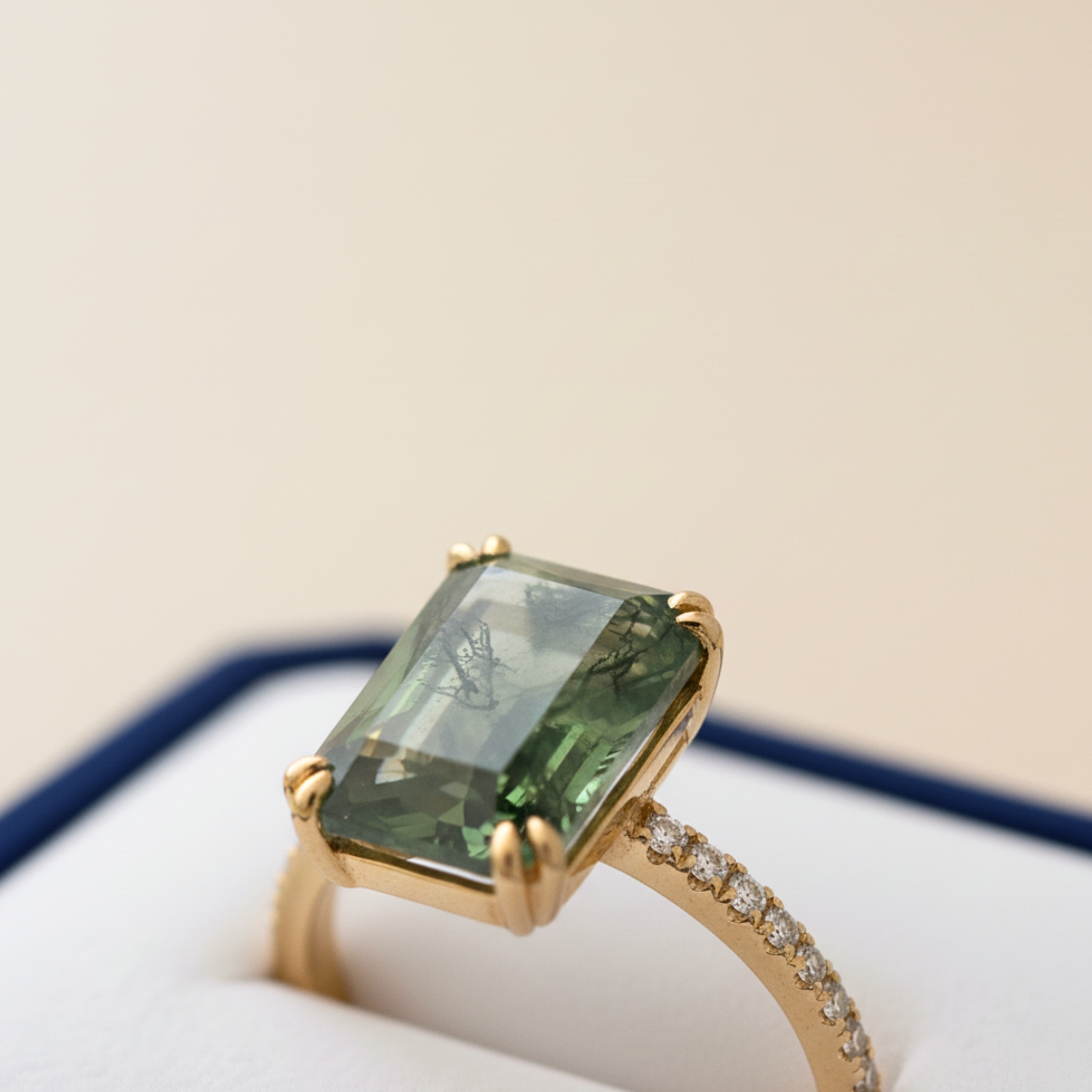 Unique Vintage Emerald Cut Moss Agate Ring Solid 14k Yellow Gold Promise Ring Art Deco Bezel Setting Engagement Ring Bridal Jewelry Gift