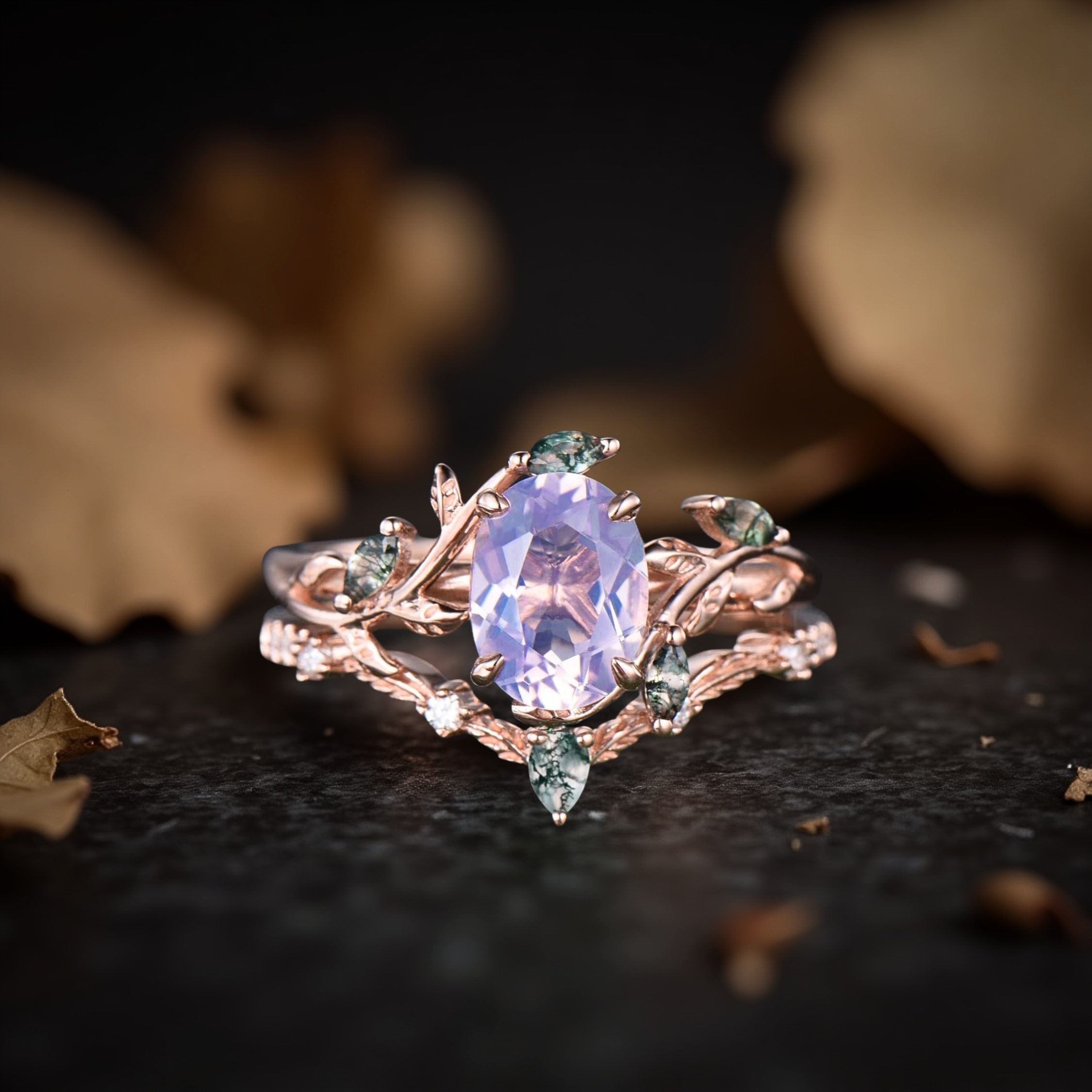 Vintage Nature Inspired Oval Cut Lavender Amethyst Engagement Ring, 14k Solid Gold Cluster leaf Bridal Wedding Ring Set, Gift For Women