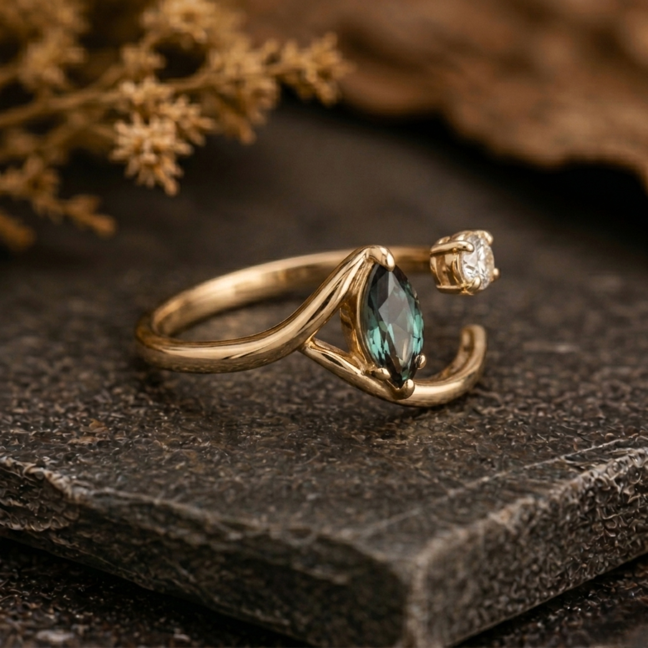 Unique Toi Et Moi Custom Two Stone Ring, Teal Sapphire Moissanite Curve Band, Dual Birthstone Minimalist Ring, Anniversary Birthday Gift