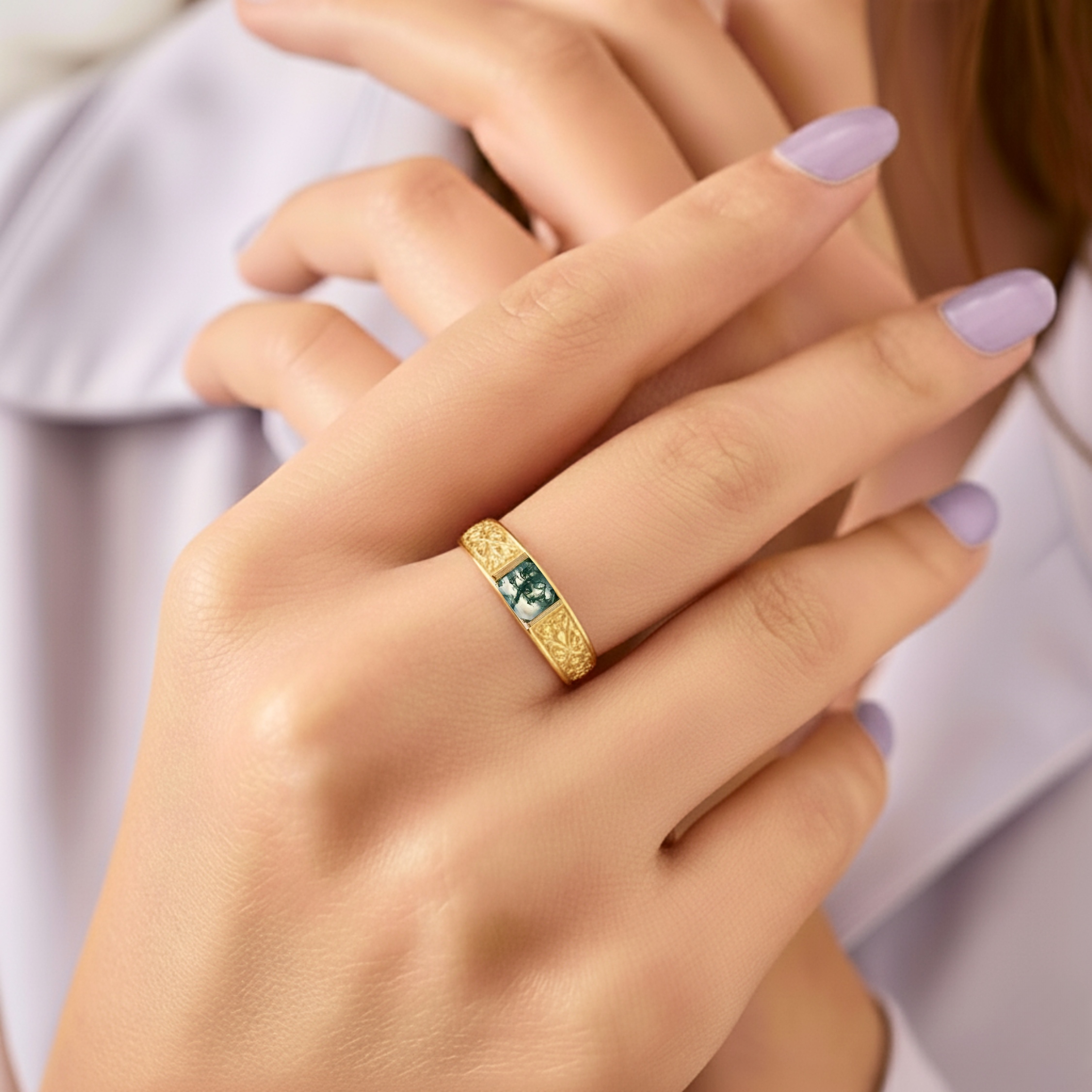 Handmade Emerald Cut Moss Agate Wedding Band, 14k Solid Gold Nature Inspired Leaf Design Ring