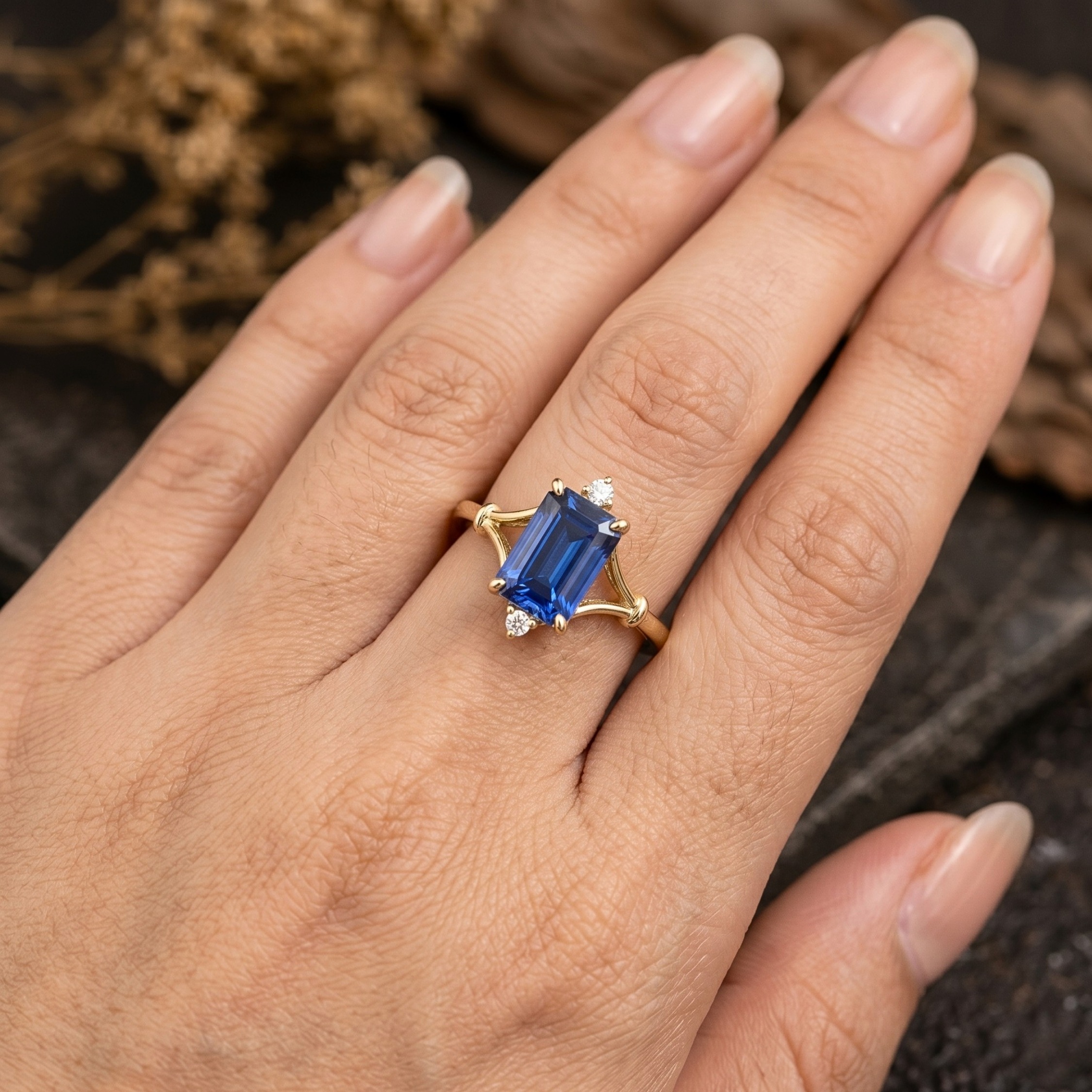 Emerald Cut Sapphire Wedding Ring, Natural Sapphire Moissanite Engagement Ring Real Vintage Bridal Jewelry, Anniversary Birthday Luxury Gift