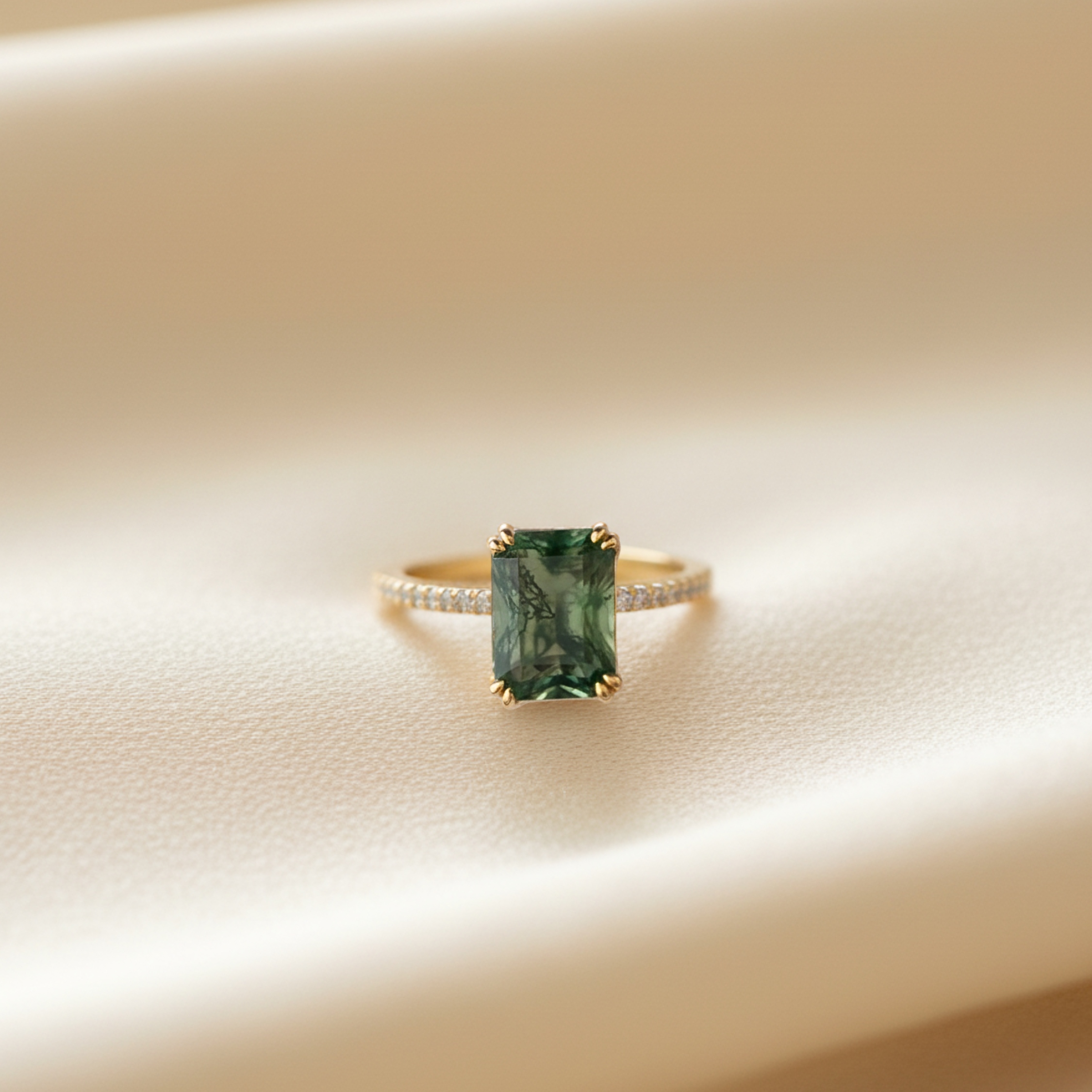 Unique Vintage Emerald Cut Moss Agate Ring Solid 14k Yellow Gold Promise Ring Art Deco Bezel Setting Engagement Ring Bridal Jewelry Gift