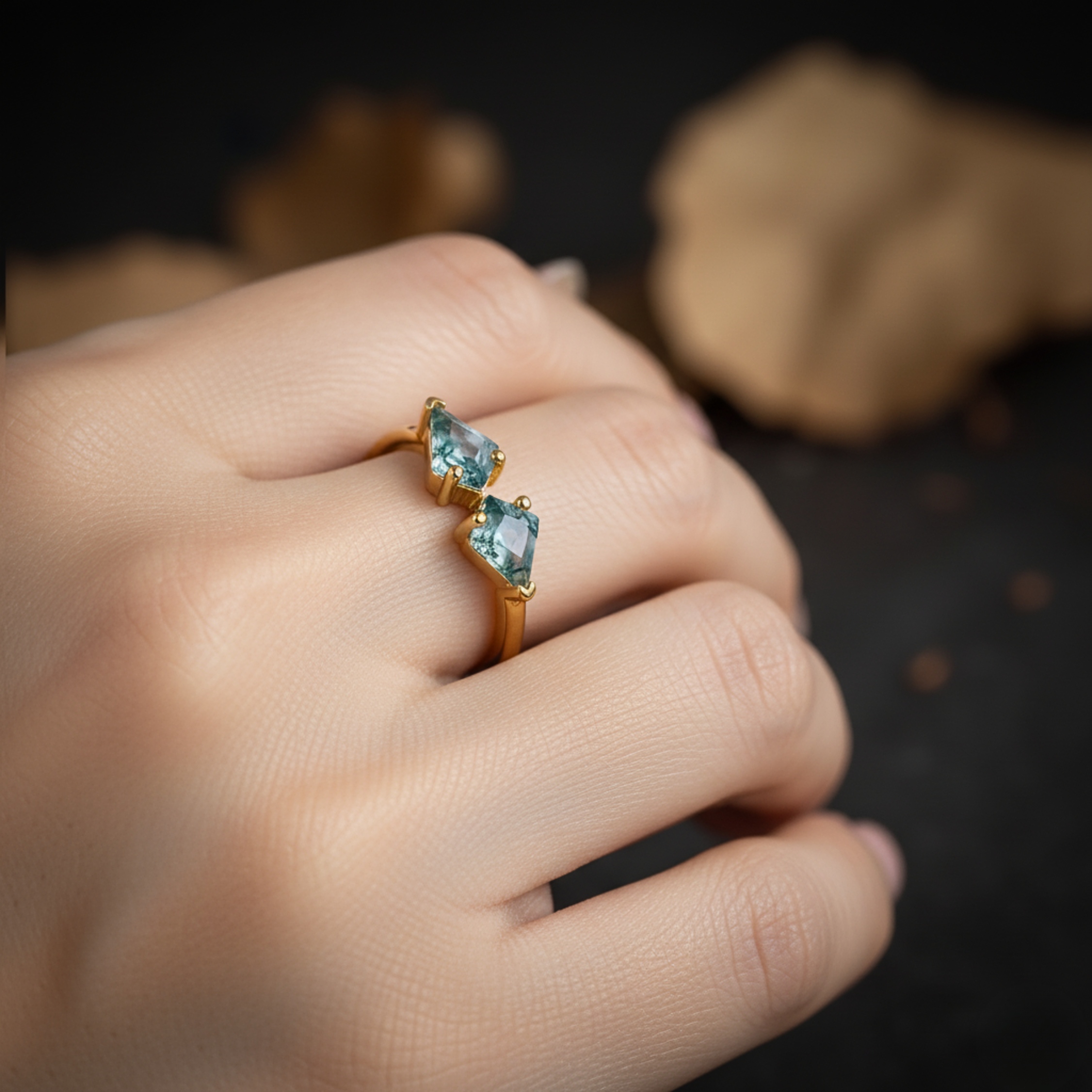 Unique Natural Kite Cut Green Moss Agate Engagement Ring, 14k Yellow gold Wedding Ring For Women, Vintage Bridal Jewelry, Anniversary Gift