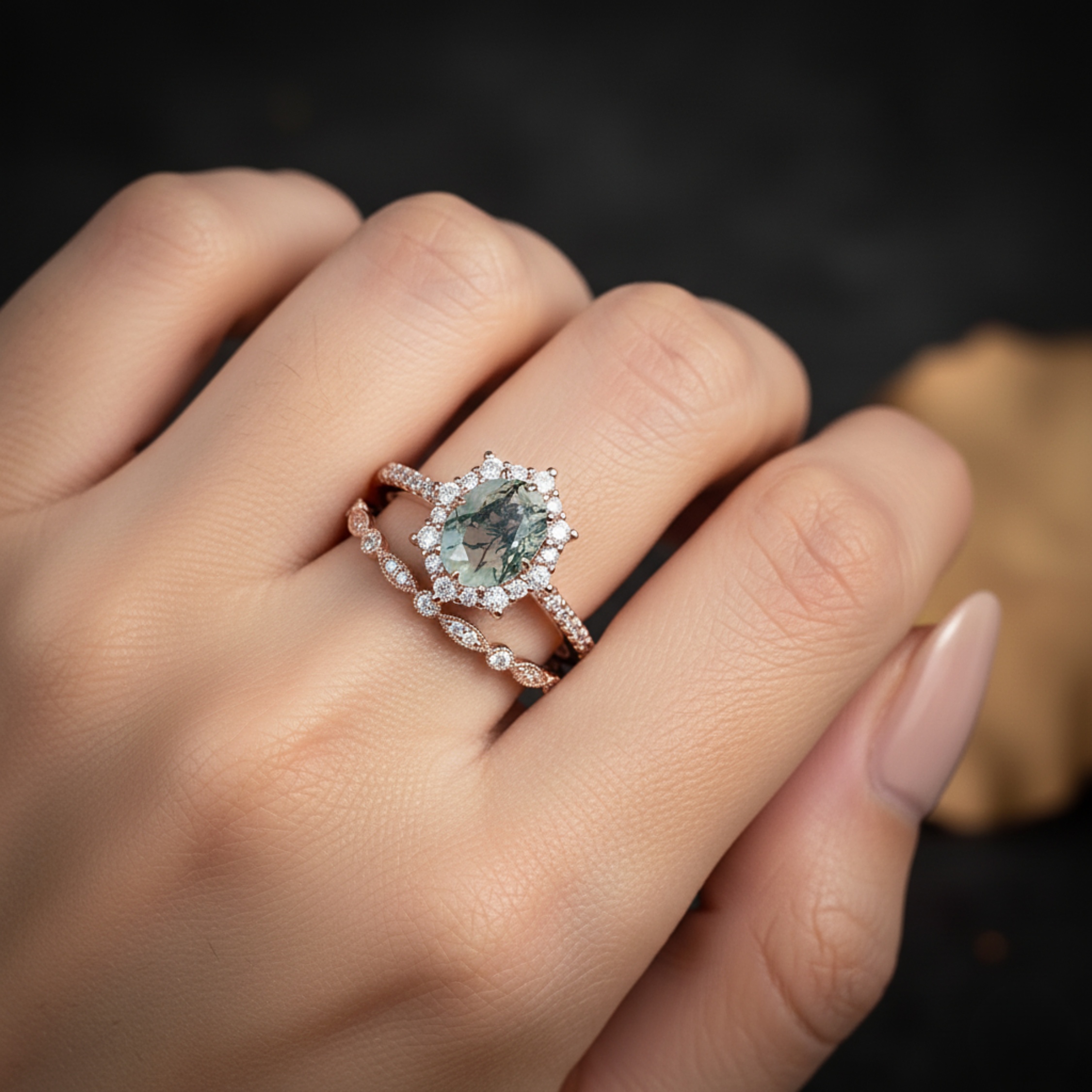Vintage Moss Agate Halo Engagement Ring Set, Unique Rose Gold Oval Cut Wedding Set, Moss Agate Bridal Set Promise Ring Anniversary Ring Gift