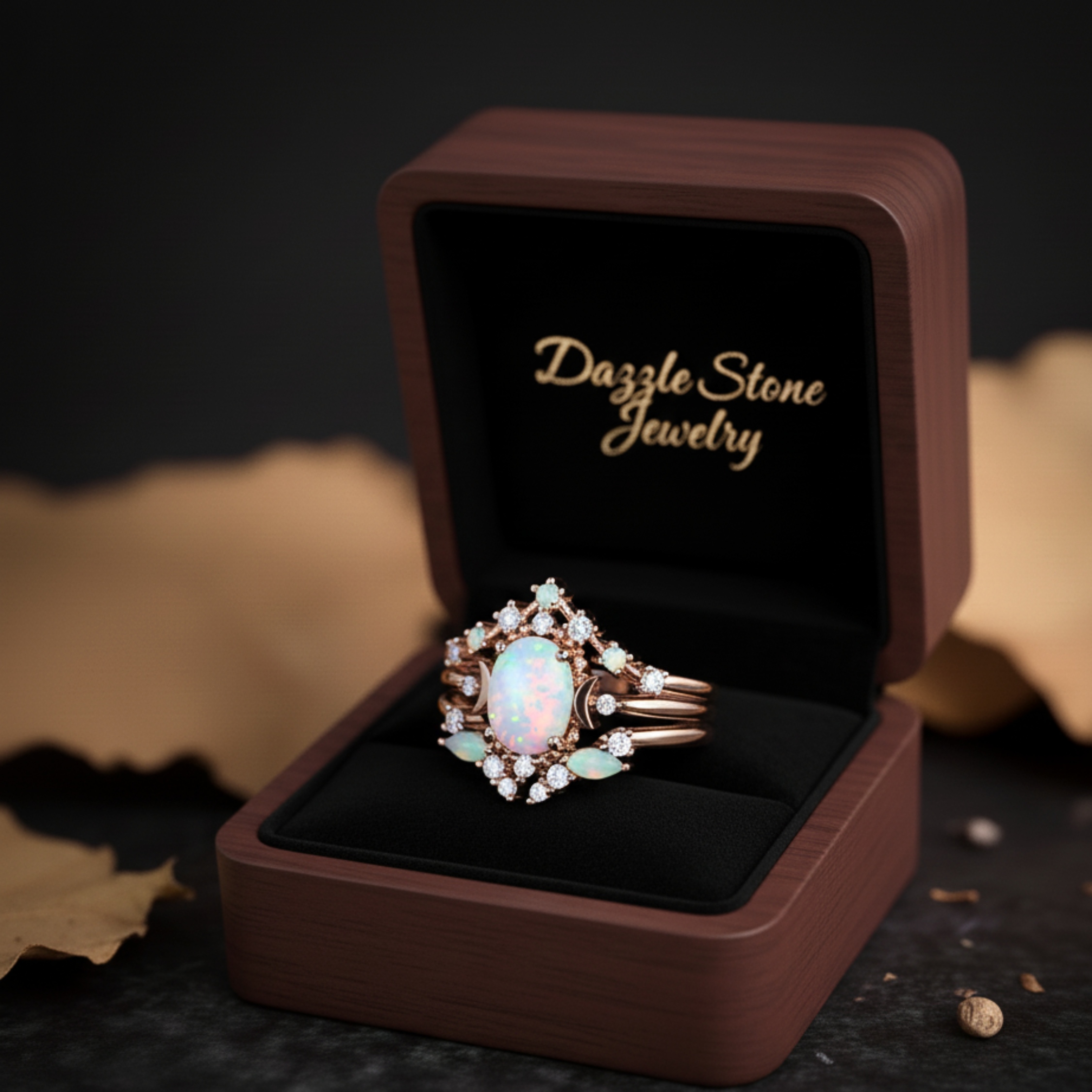 Opal Oval Cut Engagement Ring Set, Vintage Opal Wedding 3 Piece Ring, Woman Celestial Bridal Set Rose Gold Moon Ring Gift Personalized Gift