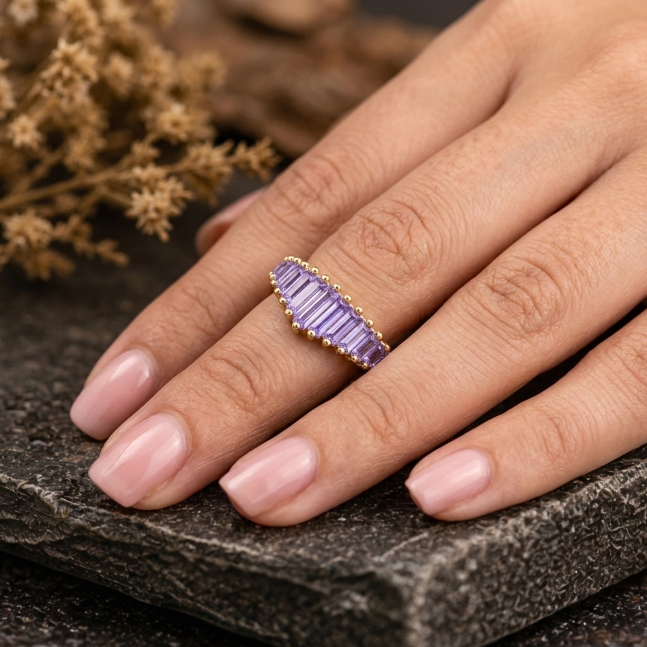 Baguette Pink Sapphire Curved Wedding Band, Dainty Stacking Minimalist Pink Gemstone Band, Art Deco Chevron Ring, September Birthstone Gift