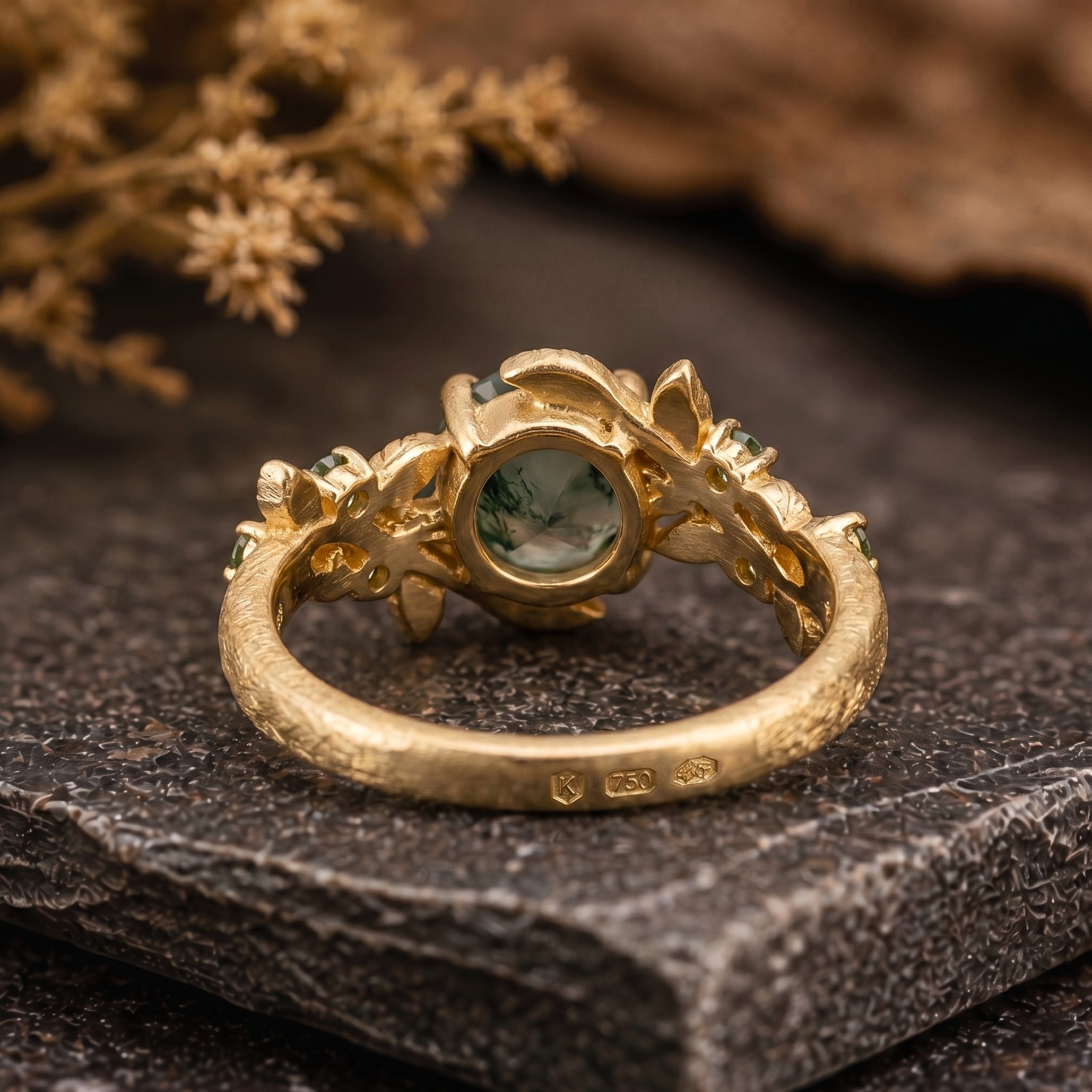 14K Solid Gold Nature Inspired Moss Agate Ring, Vintage Leaf Design Engagement Ring, Delicate Green Agate Wedding Ring, Promise Gift For Her