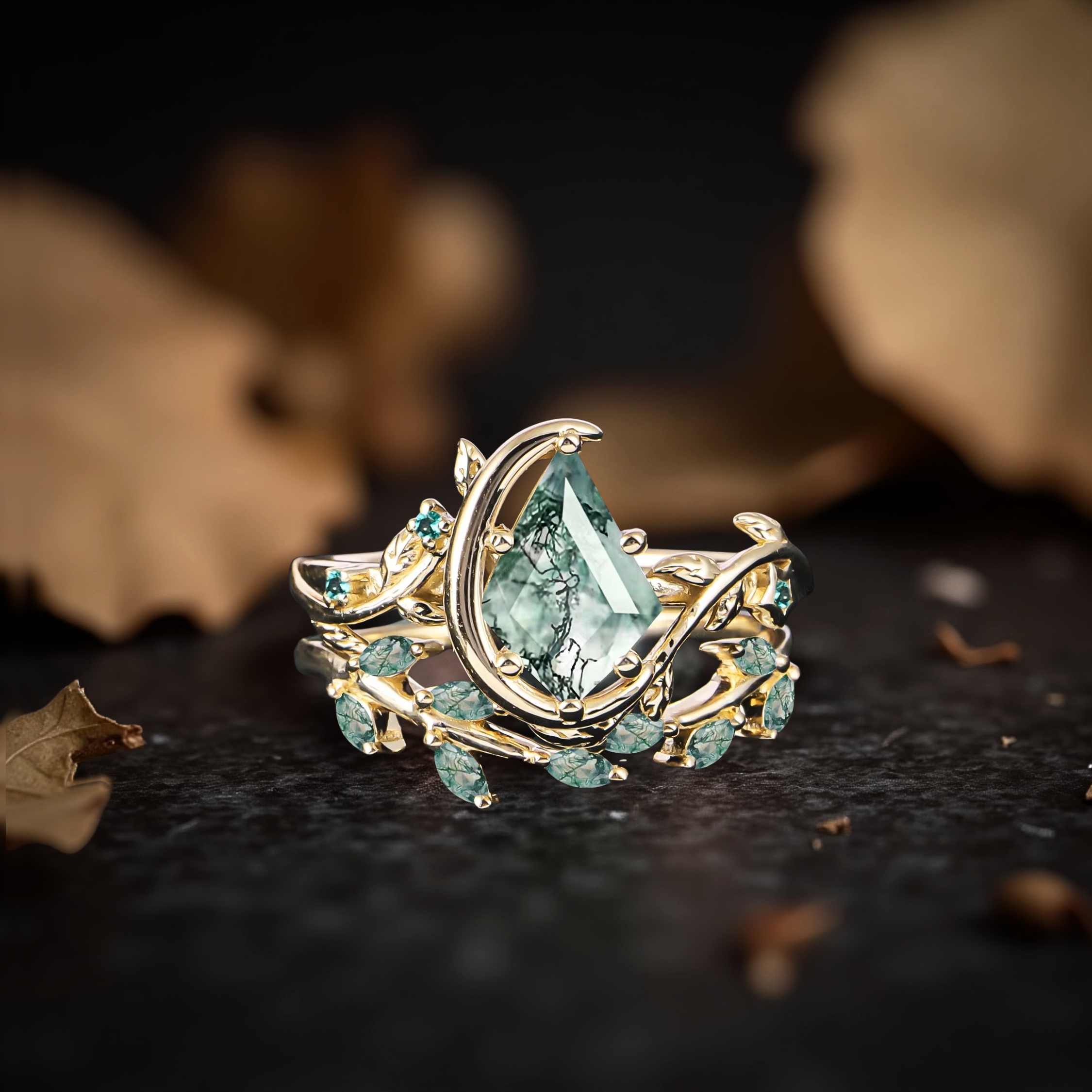 Vintage Kite Moss Agate Engagement Ring Set 14k Solid Gold Leaf Women Moon Green Gemstone Ring Bridal Set Promise Ring Anniversary Gift