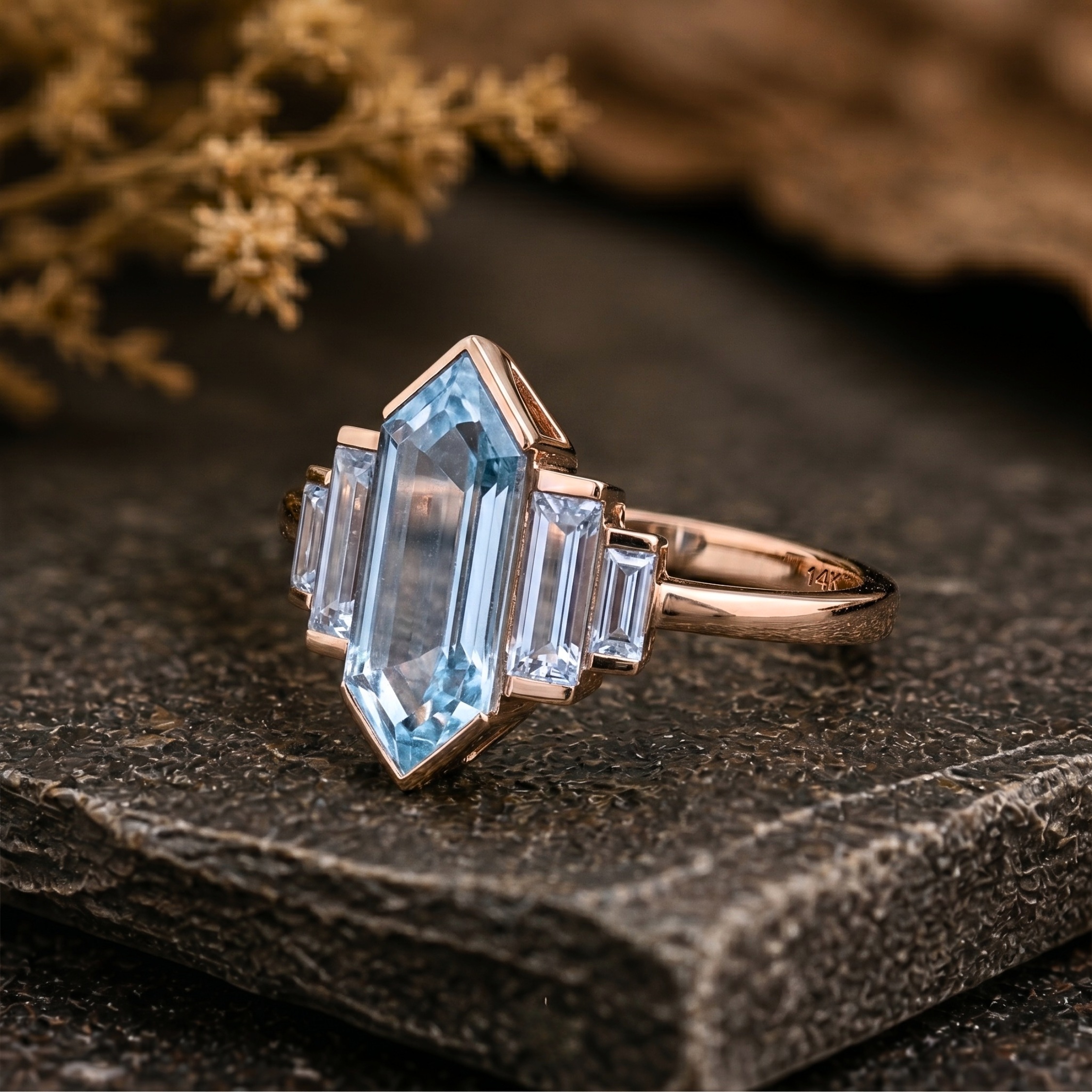 Long Hexagon & Baguette Cut Aquamarine Engagement Ring, Five Stone Wedding Ring, Half Bezel Setting Bridal Ring, 14K Solid Yellow Gold Ring