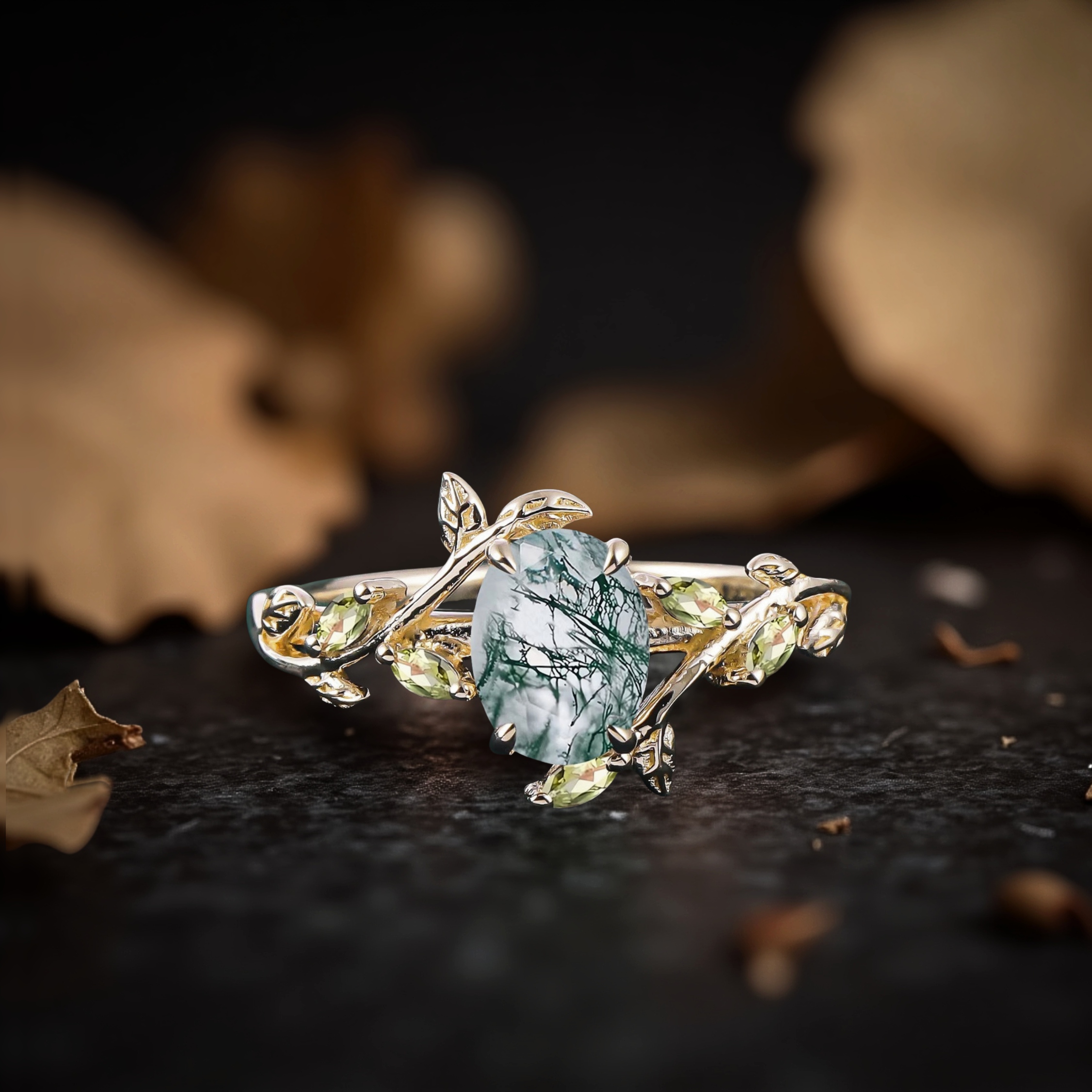Natural Oval Moss Agate Engagement Ring, 14k Yellow Gold Nature Inspired Leaf Ring, Bridal Jewelry, Anniversary Gift For Women