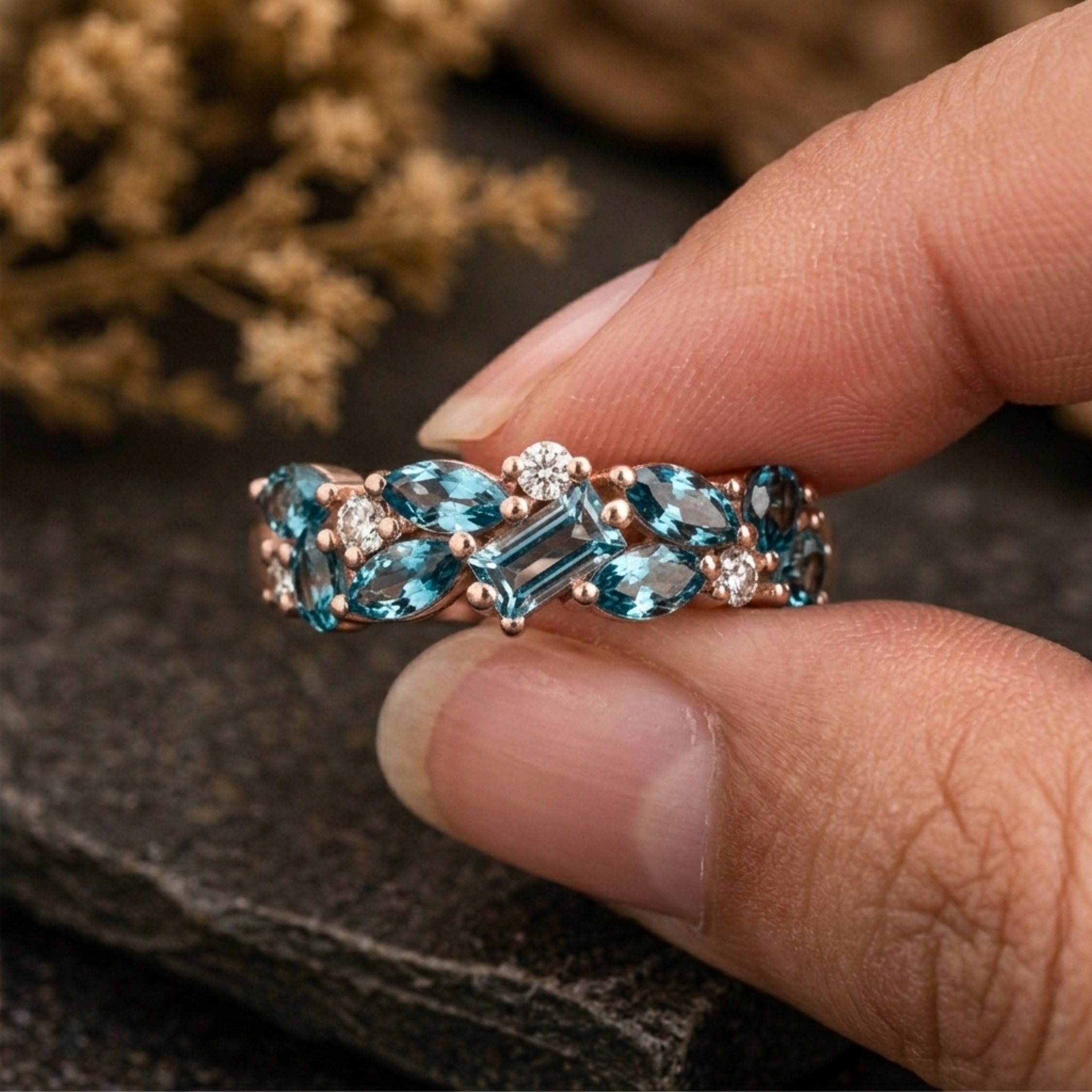 Marquise Cut Teal Sapphire Eternity Wedding Band 14k Gold Baguette Cut Moissanite Cluster Matching Engagement Ring, Anniversary Promise Gift
