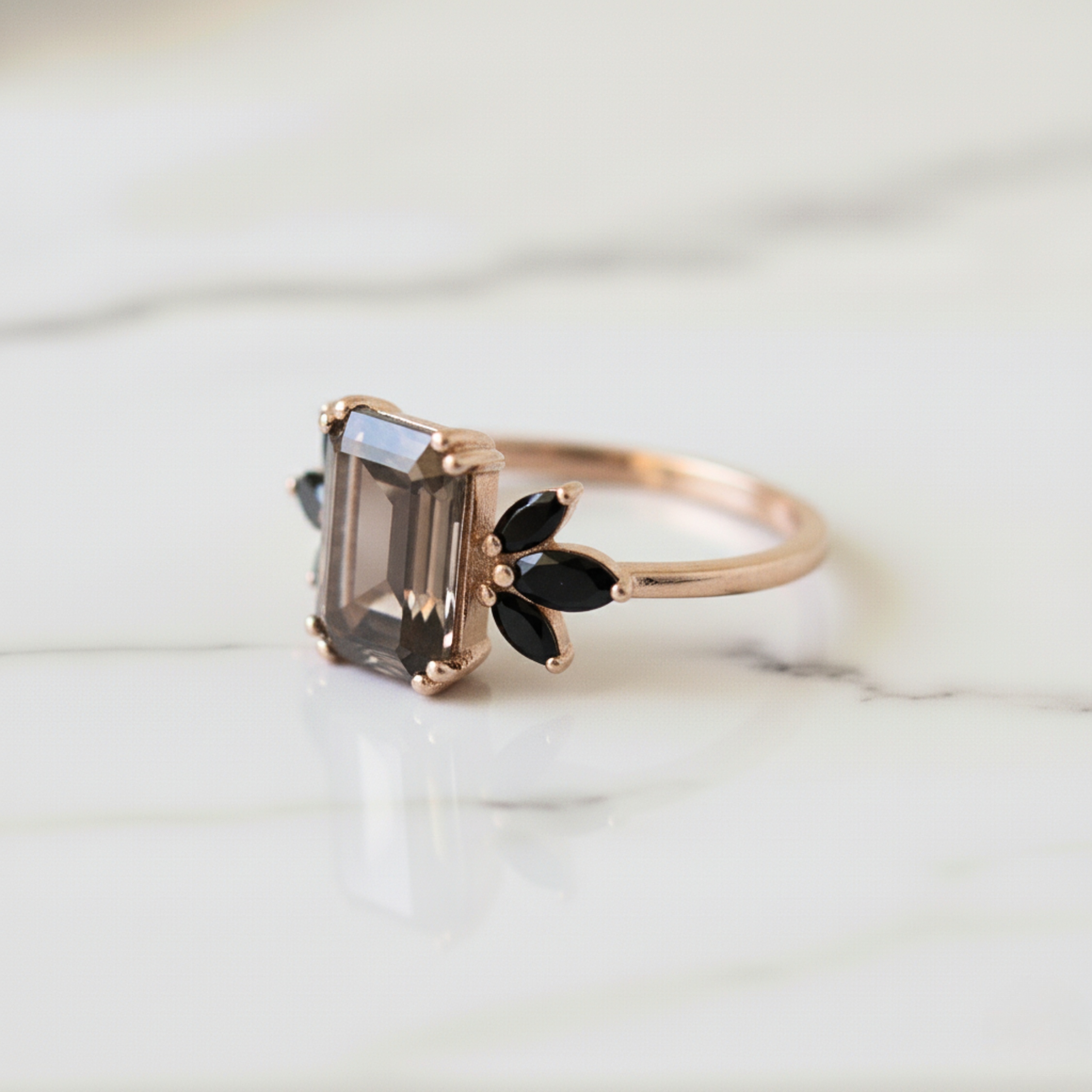Emerald Cut Smoky Quartz & Marquise Black Onyx Ring, Solitaire Ring, 14K Rose Gold Smoky Quartz Engagement Ring, Anniversary Gift For Women