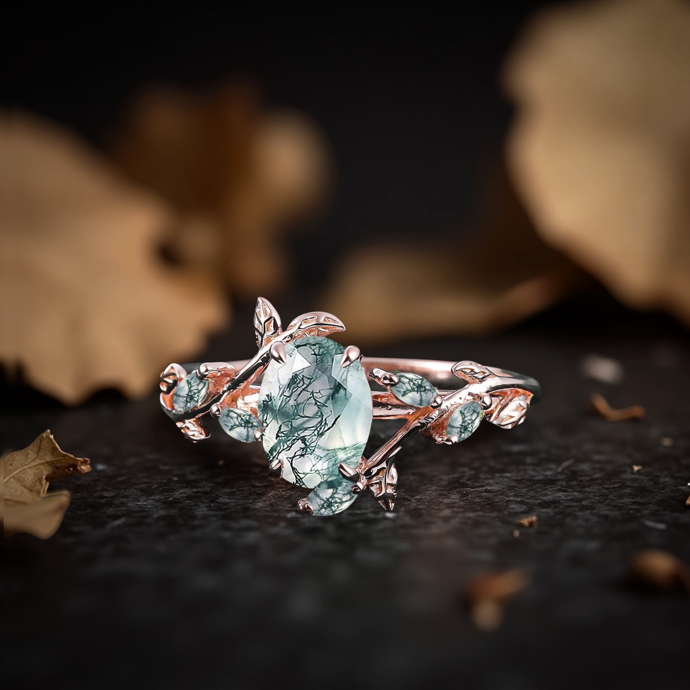 Natural Oval Moss Agate Engagement Ring, 14k Yellow Gold Nature Inspired Leaf Ring, Bridal Jewelry, Anniversary Gift For Women