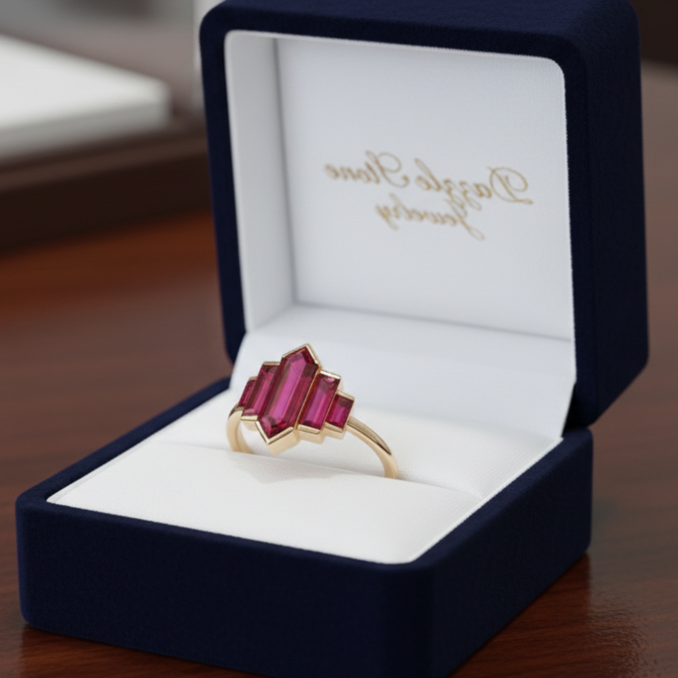 Unique Long Hexagon Ruby Ring, Vintage 14k Yellow Gold Bezel Set Art Deco Red Ruby Bridal Promise Wedding Ring Unique Christmas Gift For Her