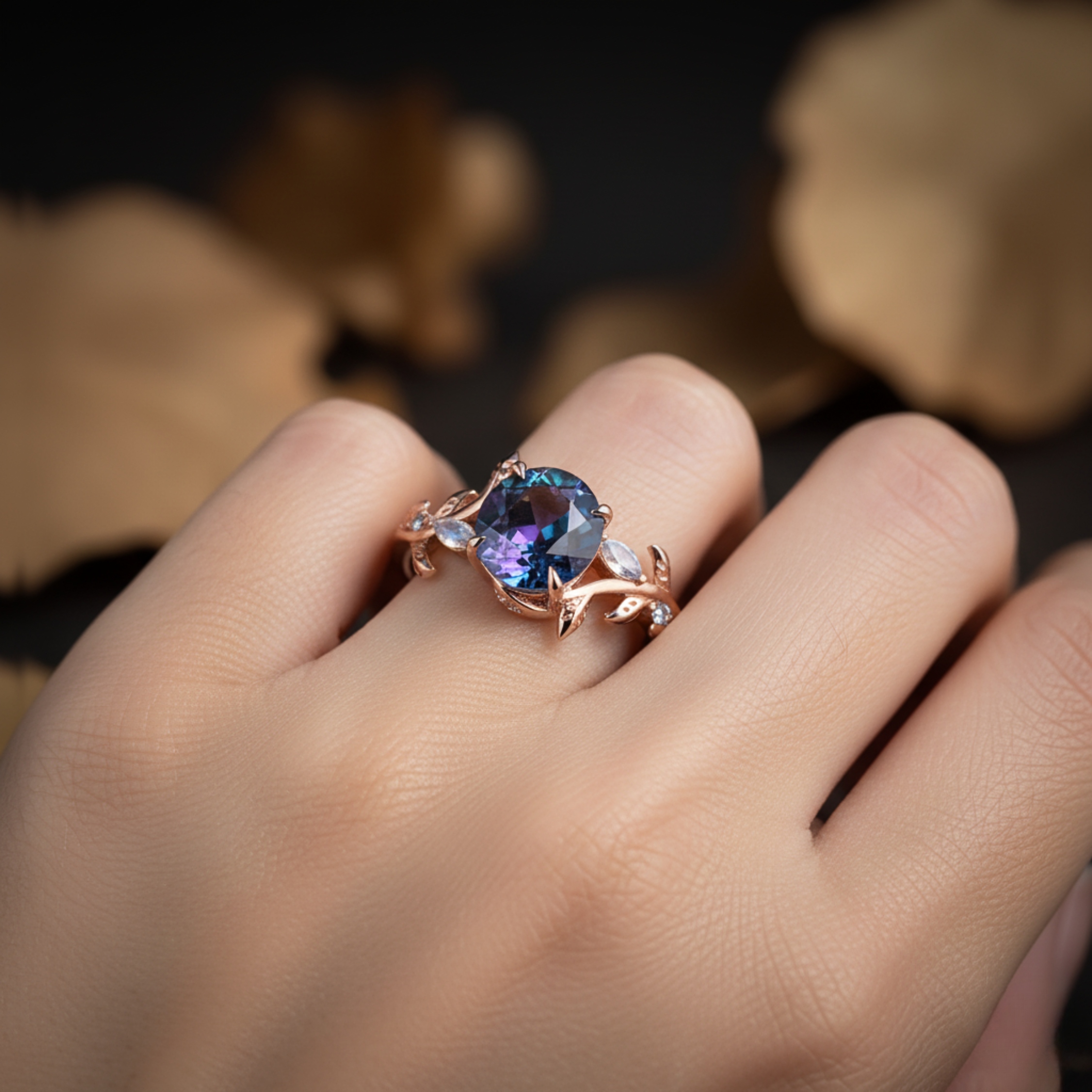 Vintage Round Alexandrite Engagement Ring, Moonstone Nature Inspired Wedding Ring, 14K Gold Delicate  Promise Ring, Anniversary Gift For Her