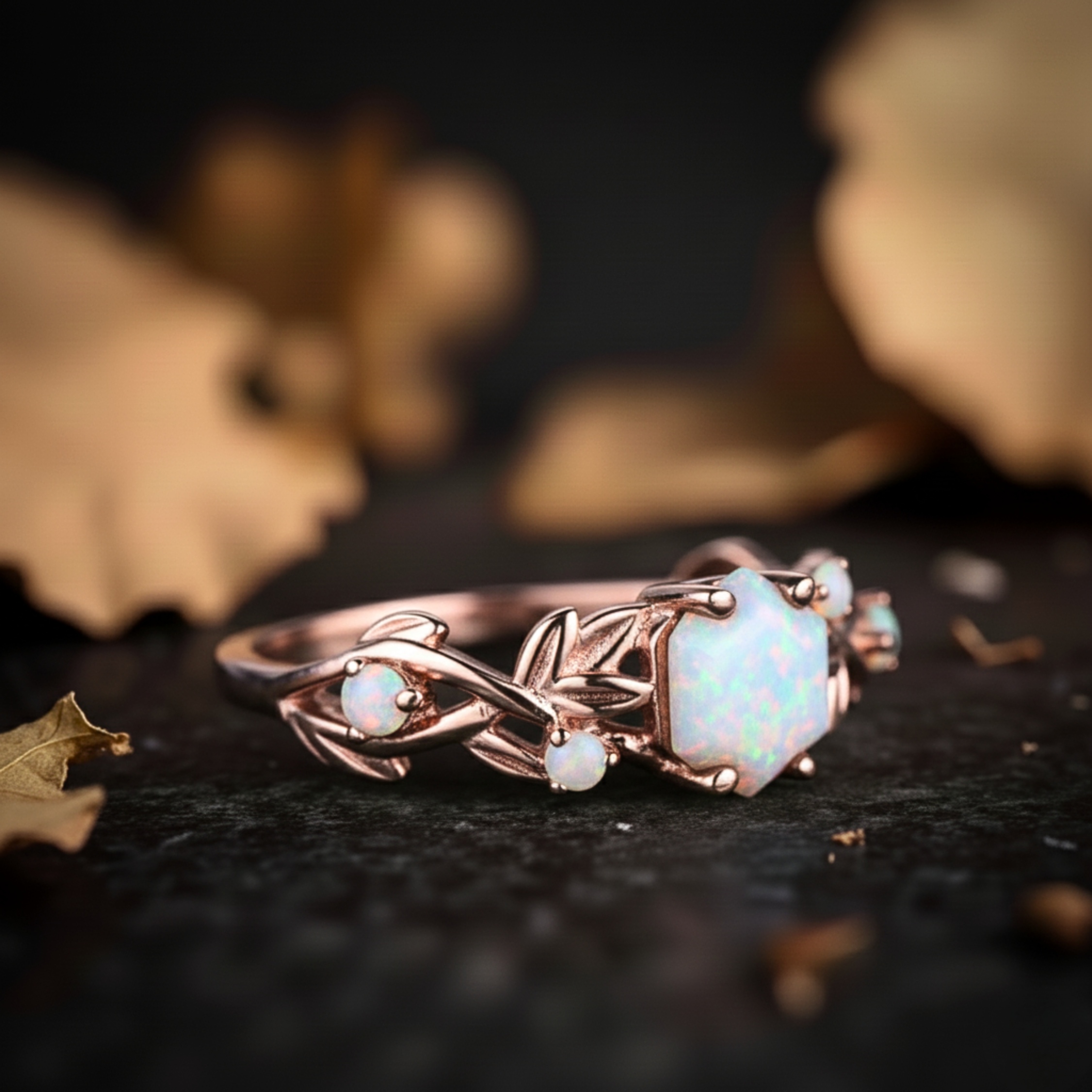 Vintage Hexagon Cut Twig Opal Engagement Ring, White Opal Gold Leaf Ring, October Birthstone Ring, Promise Ring, Anniversary Gift For Women