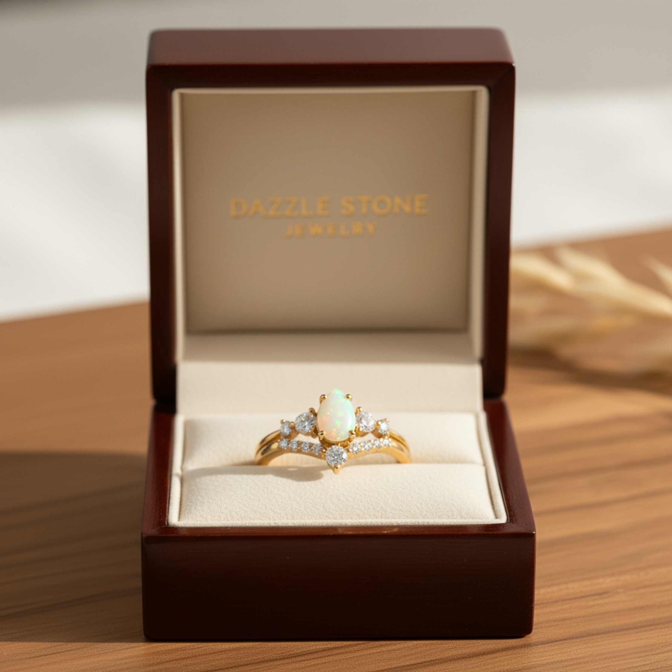 Natural Pear Cut Opal Engagement Ring Set 14K Gold Vermeil Wedding Bridal Ring October Birthstone Ring Alternative Engagement Gift For Women