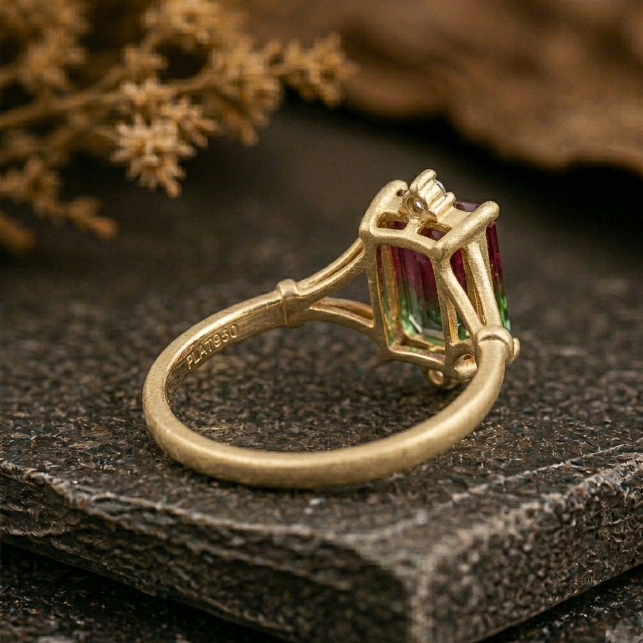 Emerald Cut Watermelon Tourmaline Ring, Bi-Color Pink/Green Engagement Ring, Art Deco Minimalist Moissanite Wedding Ring, Anniversary Gift