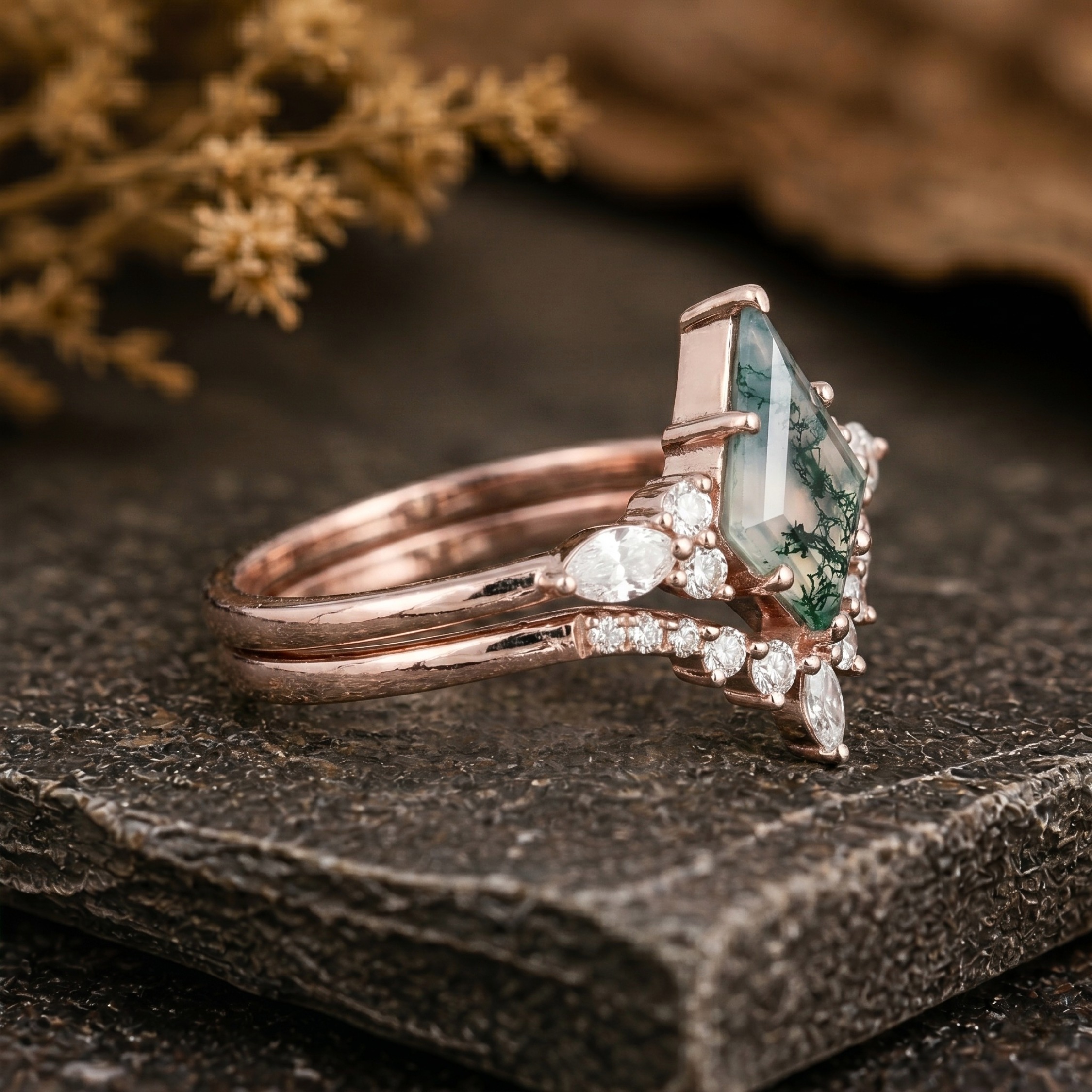 Unique Vintage Kite Cut Green Moss Agate Engagement Ring Set, 14k Rose Gold Wedding Moissanite Ring For Women, Bridal Ring Set Gift For Her