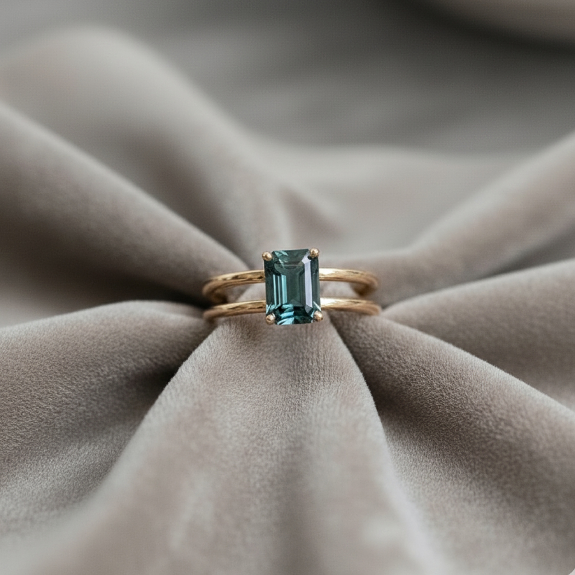 Unique Teal Sapphire Emerald Cut Engagement Ring, Vintage 14k Solid Gold Solitaire Double Band Bridal Wedding Ring, Art Deco Promise Ring