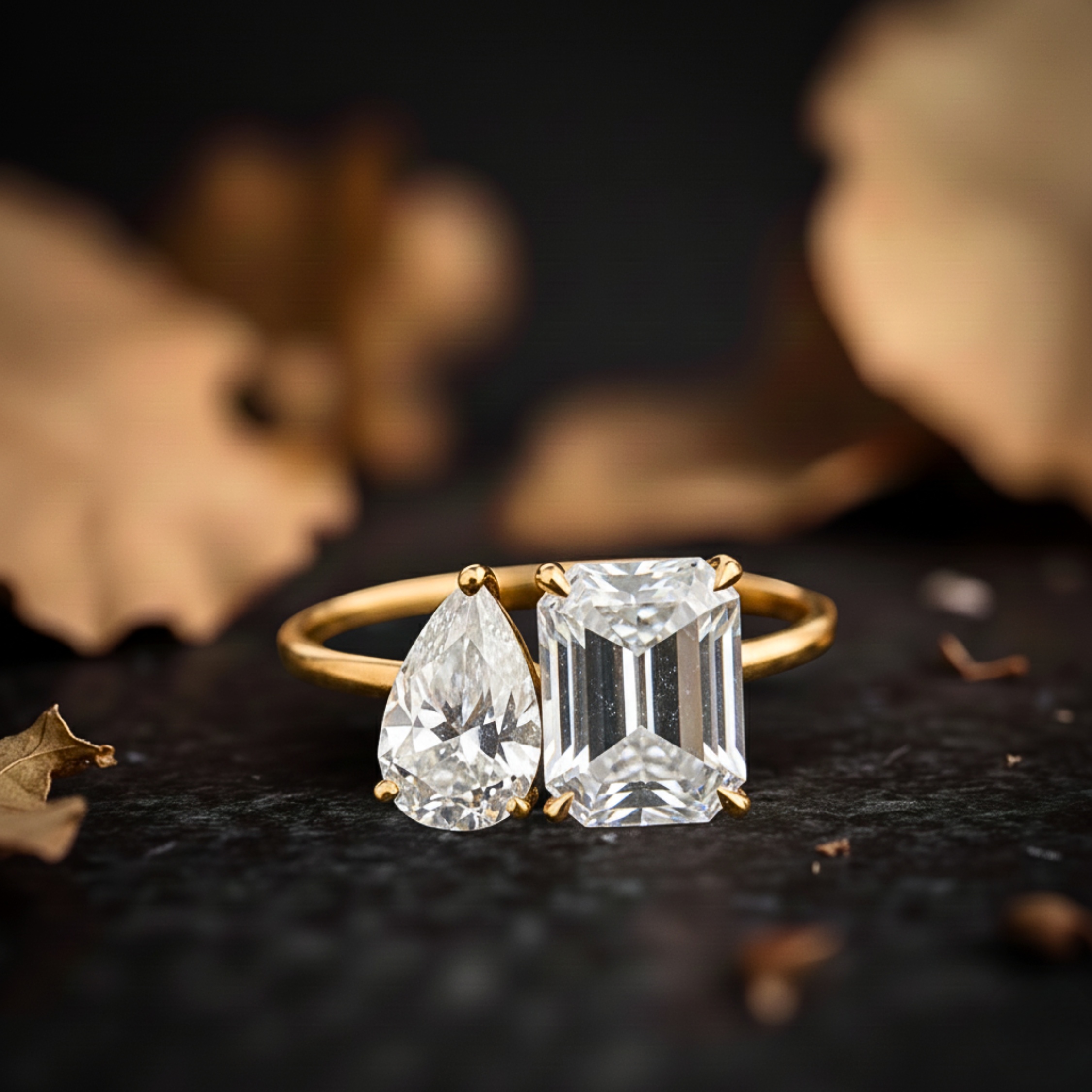 Two Stone Ring Emerald & Pear Cut Birthstone Ring, Moissanite Ring, Christmas Gift, Toi Et Moi Ring, Couples Ring Gift, Anniversary Gift
