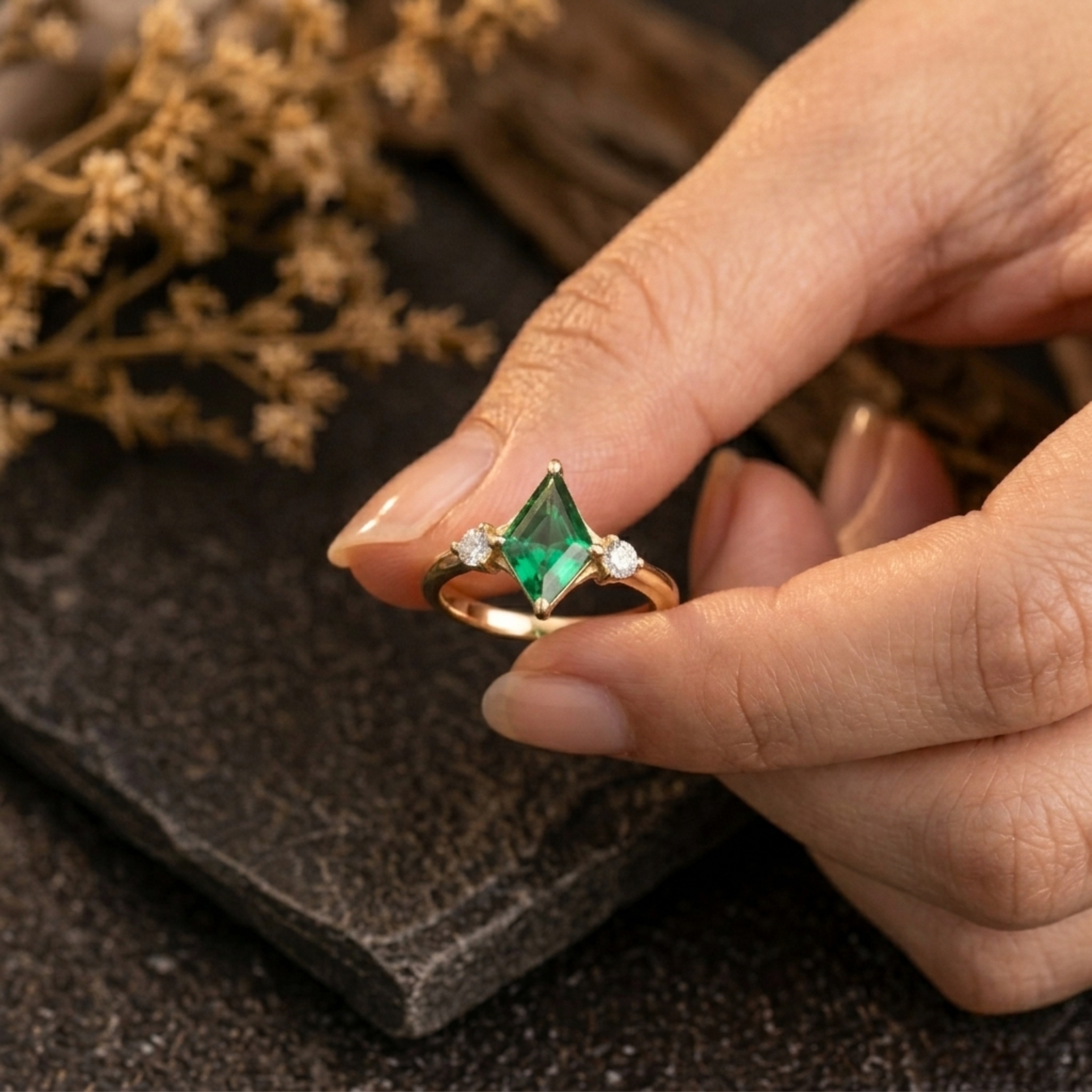 Unique Kite Cut Emerald Ring, 14k Gold Dainty Three Stone Engagement Ring, Moissanite Bridal Matching Jewelry Anniversary Birthday Gift Ring
