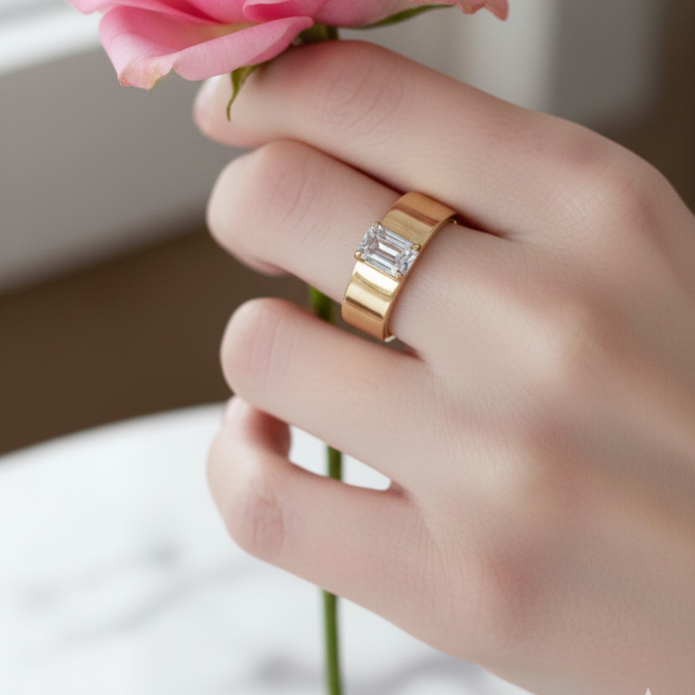 Emerald Cut Moissanite Gemstone Ring, Vintage 14k Solid Gold Solitaire Thick Wide Band Engagement Ring, Gift April Birthstone Gift For Her
